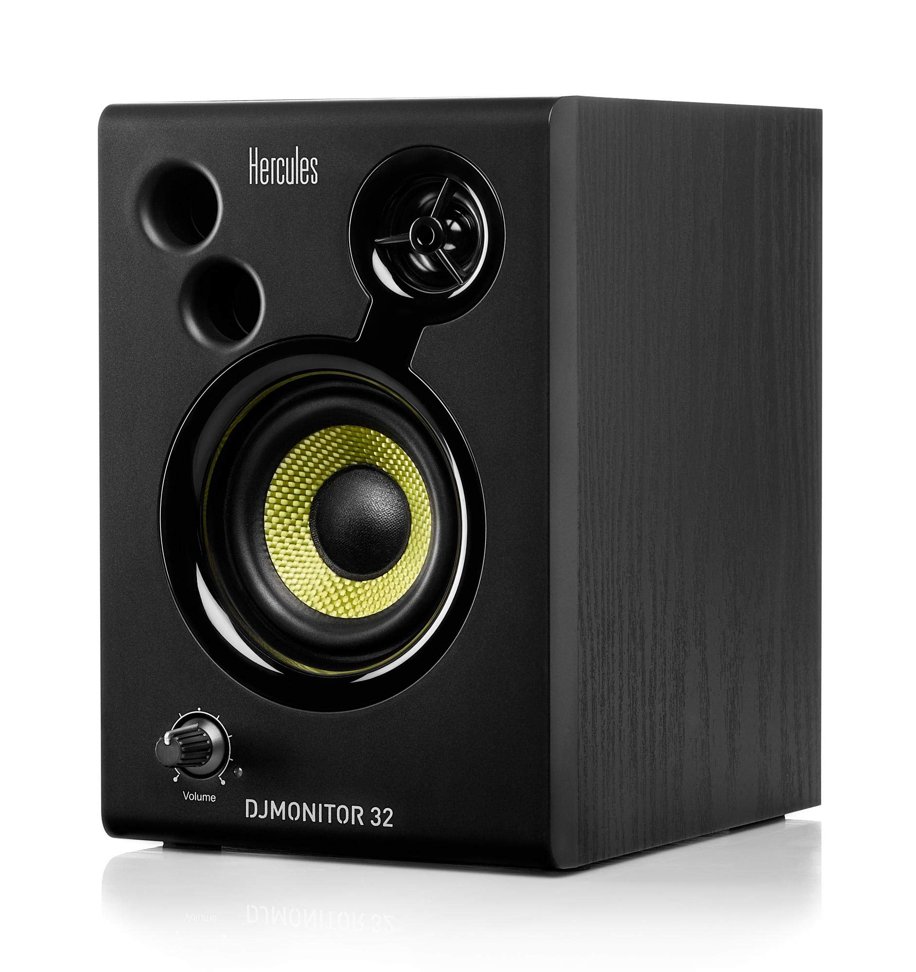Hercules DJMonitor 32 Tischstativ Set (kompaktes Aktiv-Lautsprecher Paar mit 15W pro Satellit, 3"-Tieftöner & dualem Bass-Schacht im praktischen Set inkl. 2 Tischstativen für Studiomonitore) Schwarz