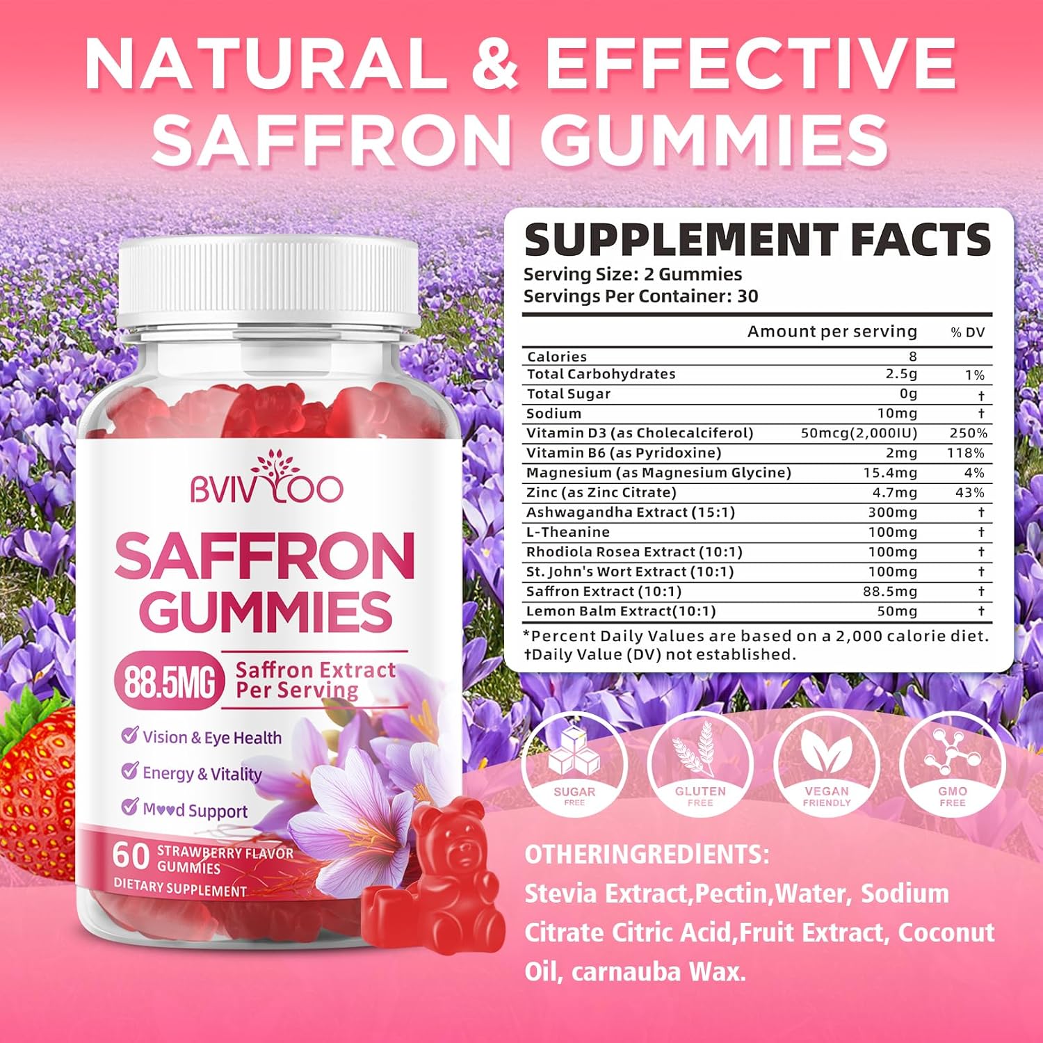 Saffron Gummies for Adult Kids, 10-IN-1 Formula with Saffron 88.5mg, Vitamins D3 & B6, Magnesium, Zinc, Ashwagandha, L-Theanine, St. John's Wort - Supports Mood & Focus, Strawberry Flavor, 60 Count - Image 2