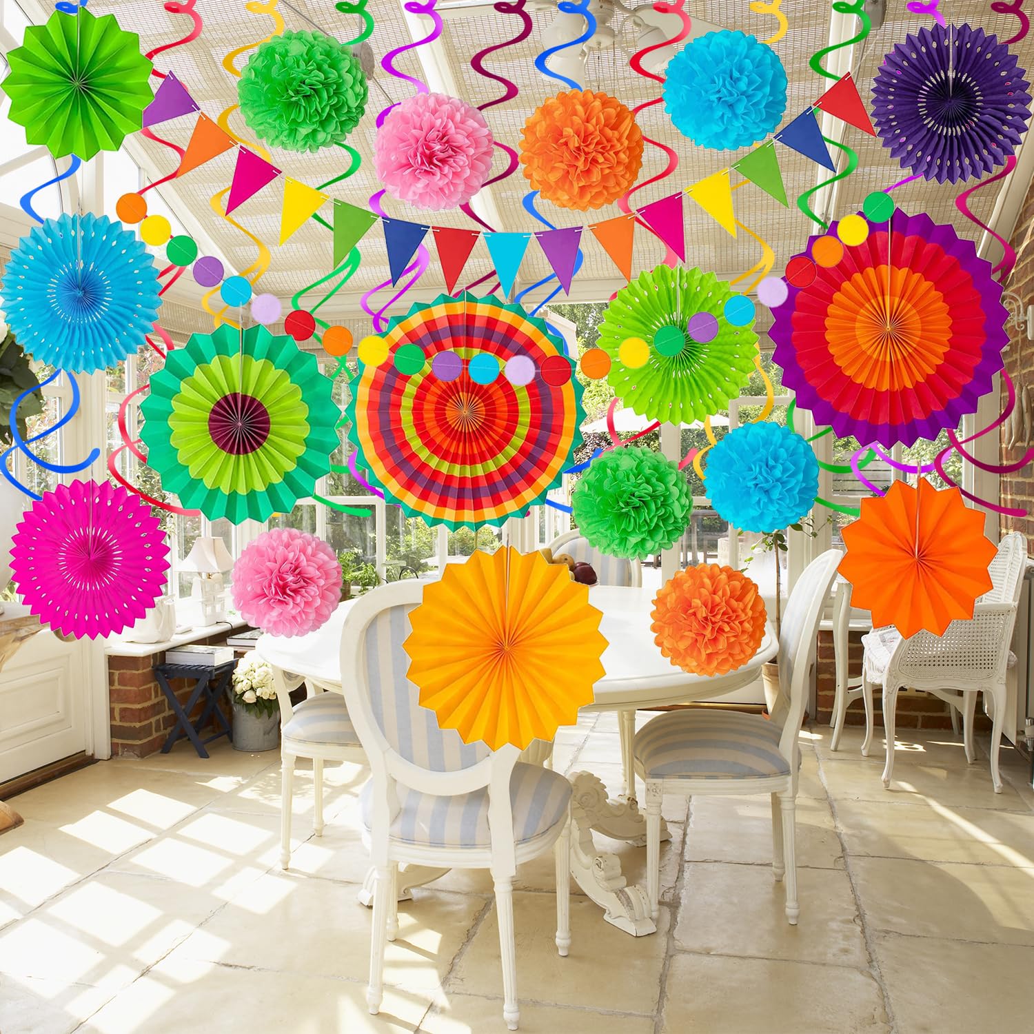 Cinco De Mayo dekoracje imprezowe dekoracje fiesta wielokolorowe papierowe wachlarze girlandy proporczyk pompony wiszące wiry na urodziny ślub tęcza meksykańska impreza