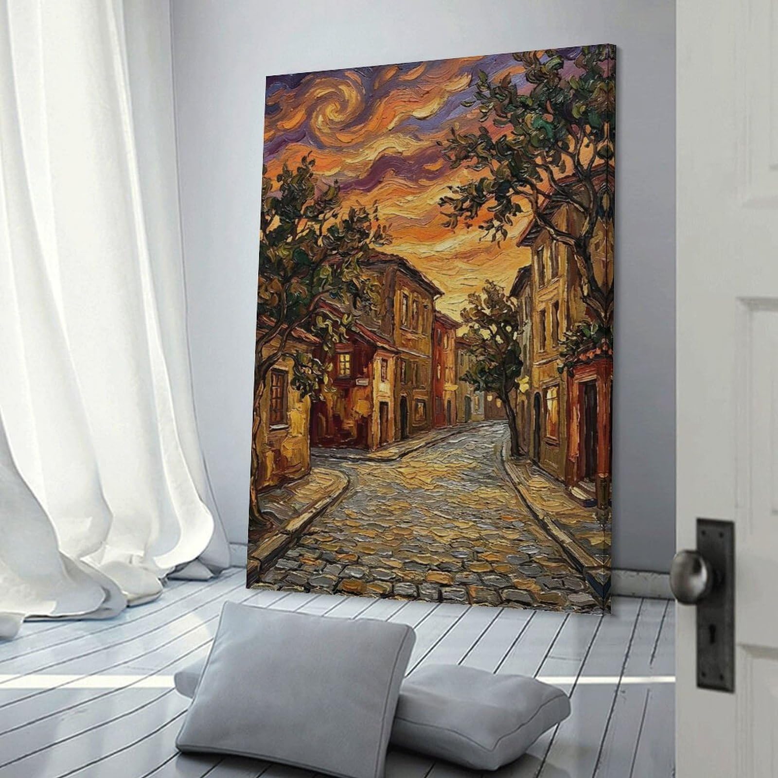 Junmoney Impressionist Street Scene at Sunset Hanging Wall Art 24x36inch(60x90cm), for Bedroom Walls, Guest Spaces Or Lounges, Home Artwork with A Soft Interior Feel