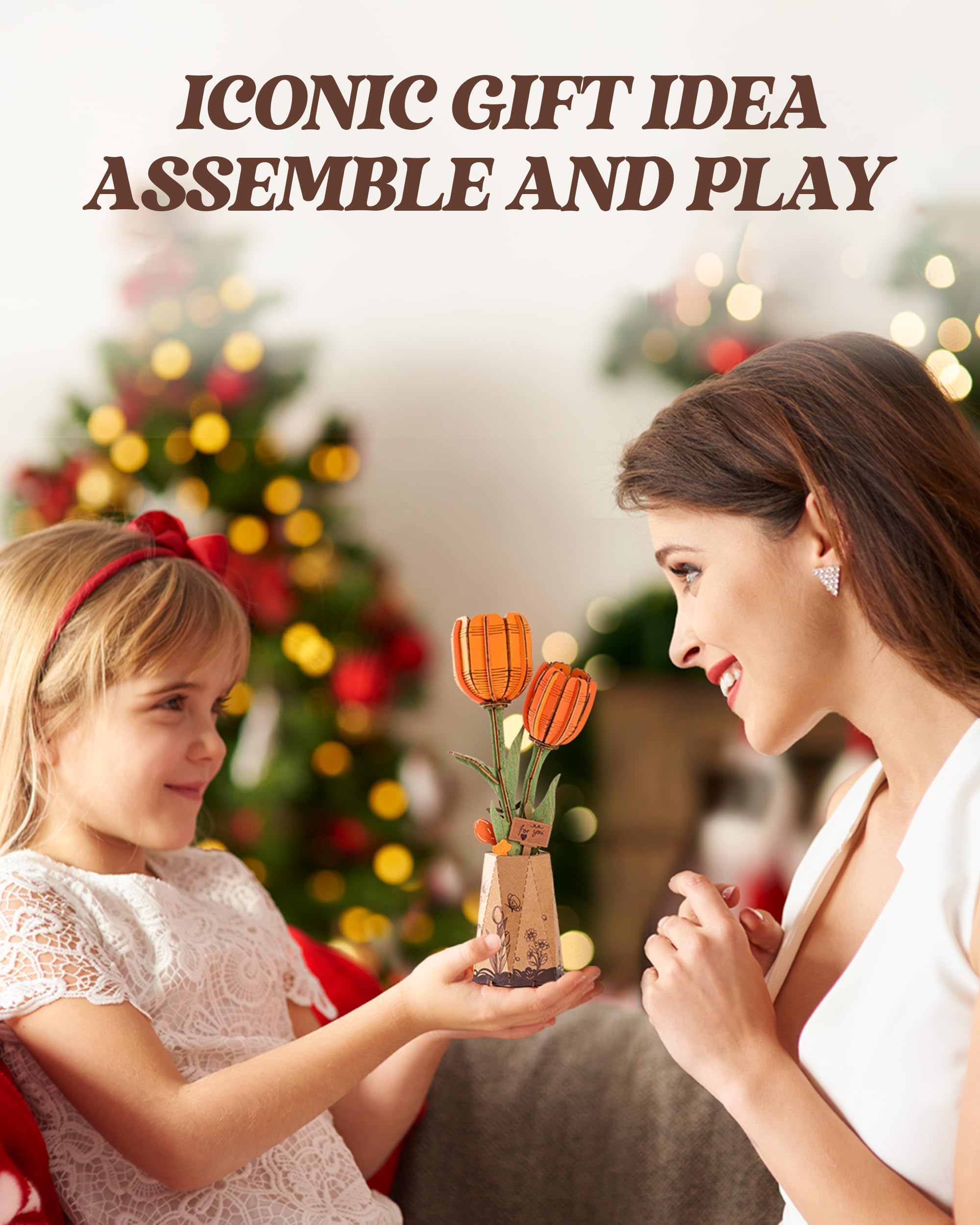 Robotime Flor Puzzles 3D Madera, Maquetas para Construir Adultos, Maqueta Madera, Regalos para Mujeres en el Día de San Valentín & Cumpleaños (Tulipane Naranja)