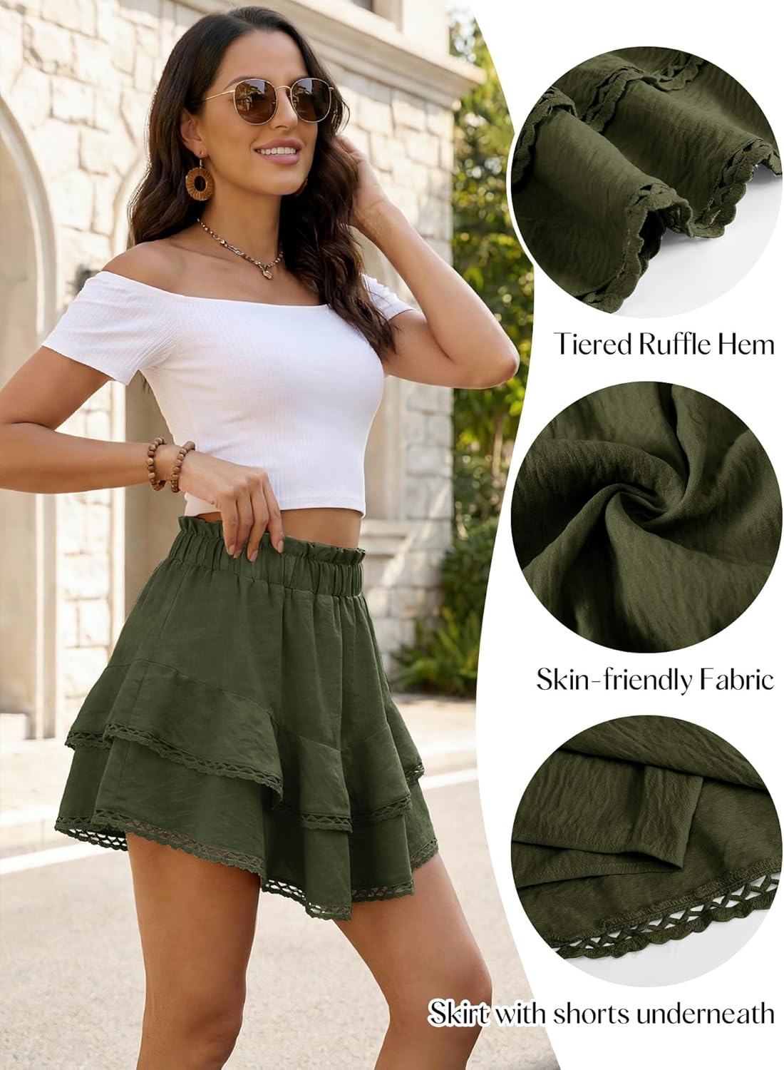Flowy Shorts for Women Boho Ruffle Skorts High Waist Casual Tiered Mini Skirt Lace Summer Golf Tennis Skorts - Image 6