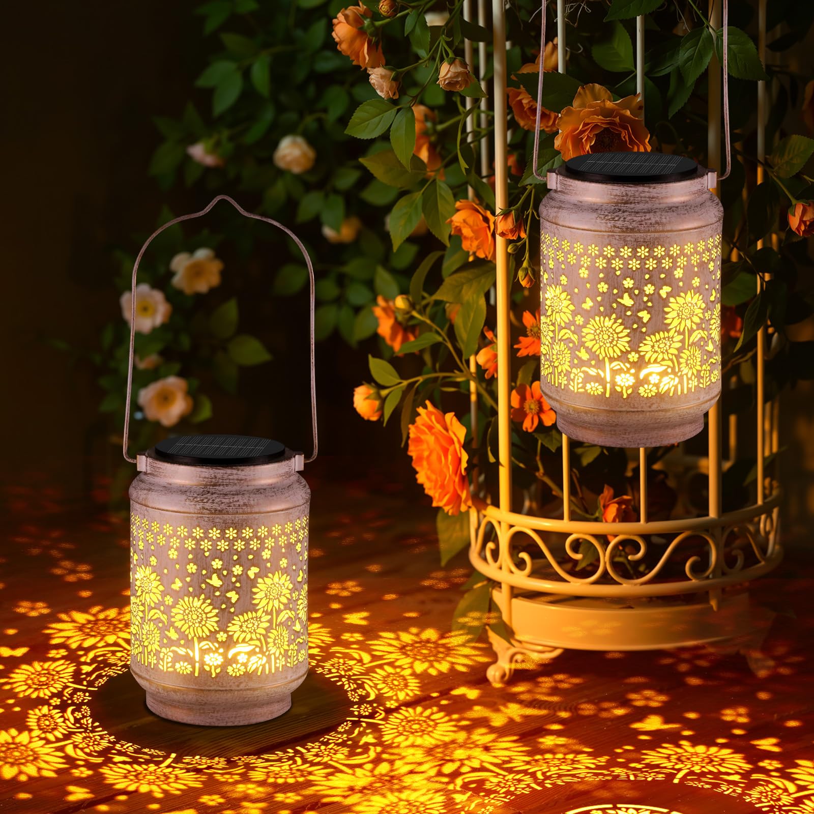BUCASA 2 Stück Geschenke für frauen, Sonnenblume Solarlaterne für Außen Hängend Metall, Solarlampen für Außen mit Sonnenblume Leuchteffekt für frau mutter mama oma geburtstag gifts for women present