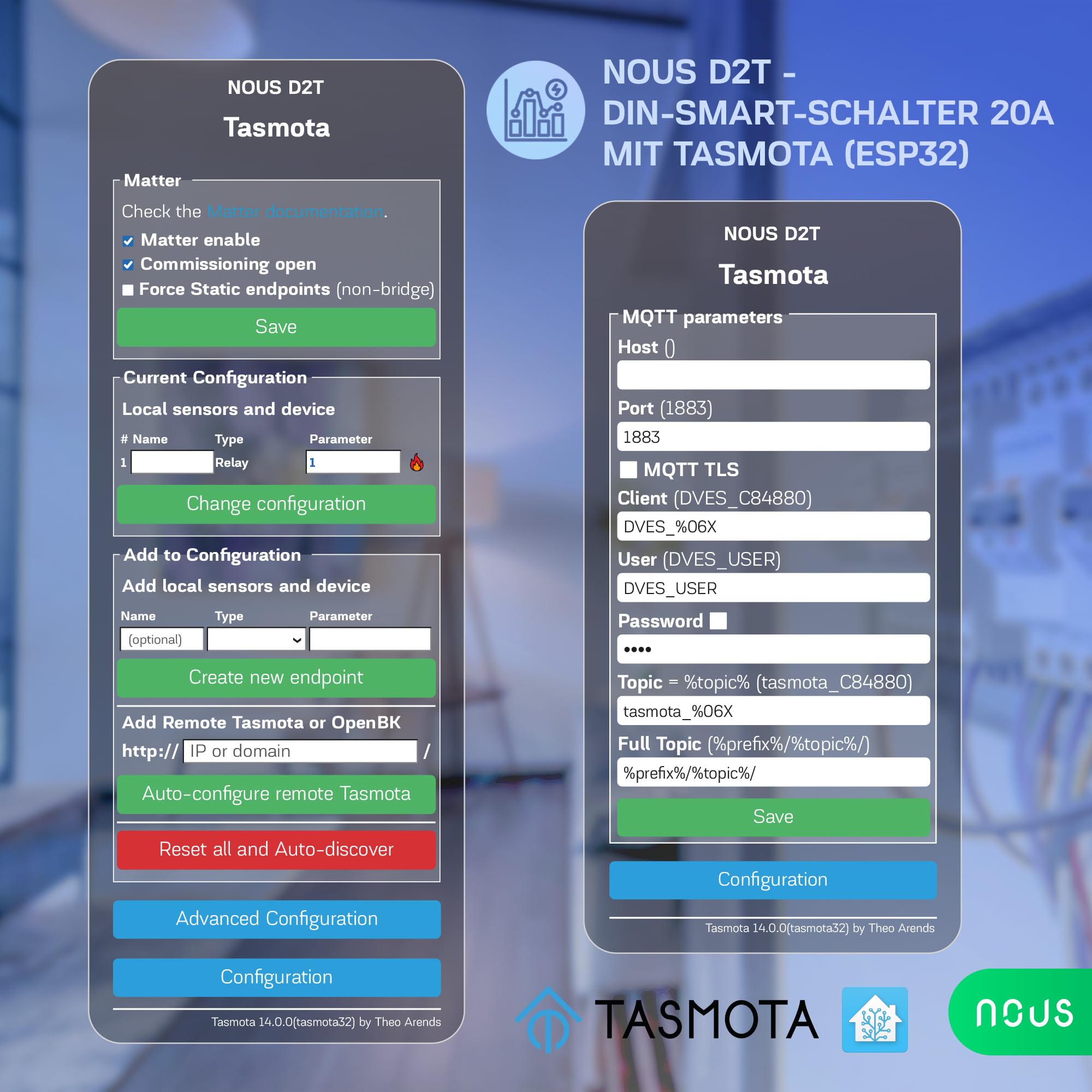 Nous Inteligentny przełącznik DIN 20 A z Tasmota (ESP32), monitorowanie energii, kompatybilny z MQTT, Home Assistant, Matter, sterowanie głosem za pomocą Alexa, Google Assistant