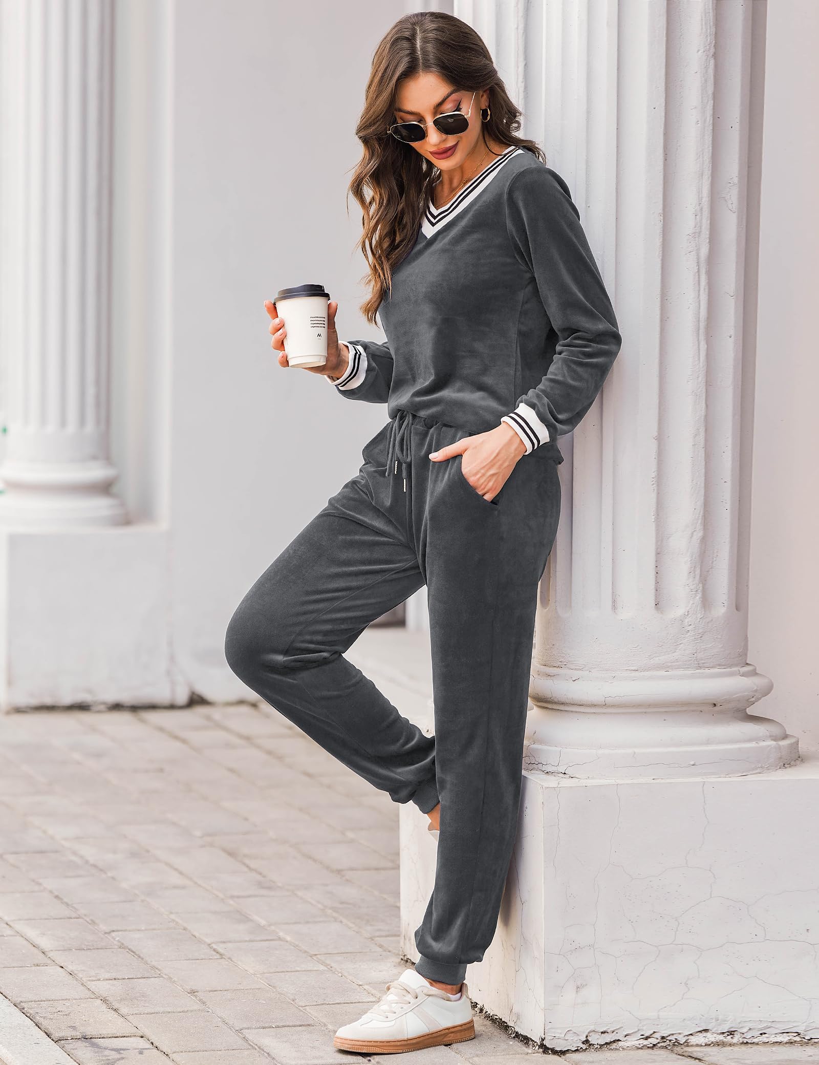 Totatuit Donna da Ginnastica in Velluto Tuta da Casa Set Tuta Sportiva Casual Pigiami Due Pezzi Pigiama Donna Pile Set Inverno da Yoga Jogging Training Sportwear con Coulisse