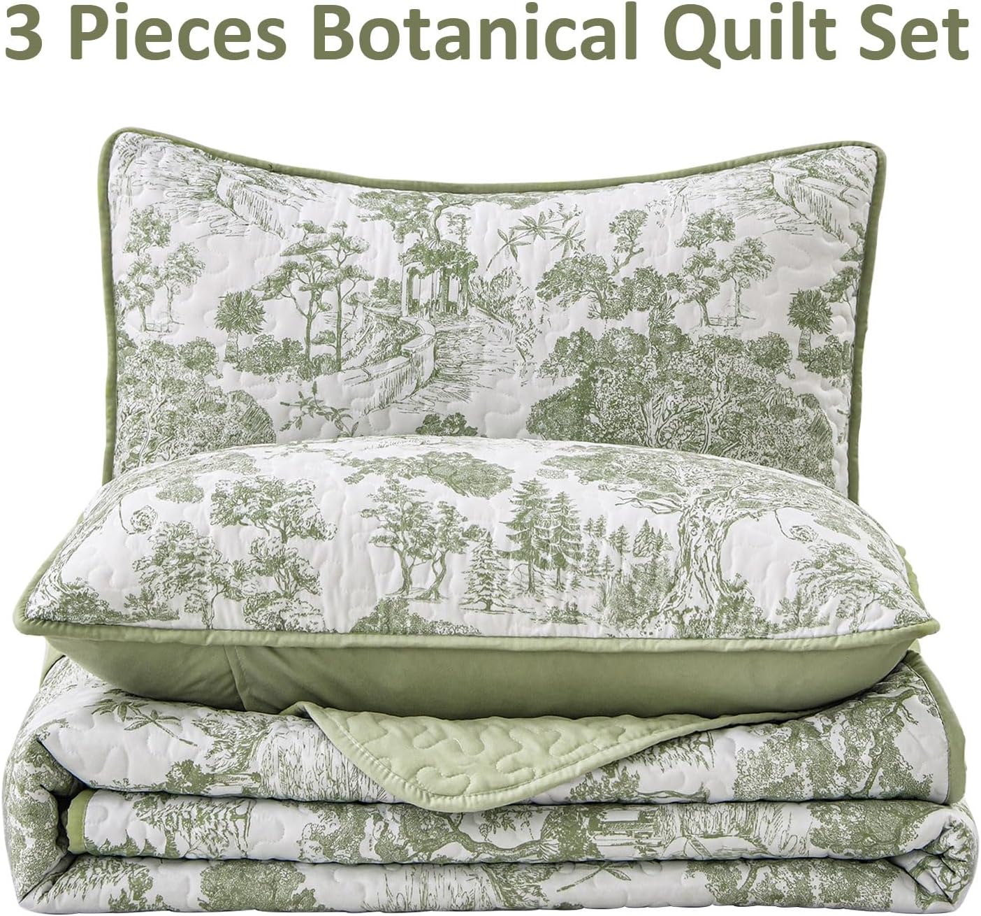 WONGS BEDDING Botanical Quilt Set California King Size, Sage Green 3 Pieces Toile Floral Plants Printed Bedspread Bedding Set Soft Lightweight Microfiber Coverlet Set for All Season (112"×96")
