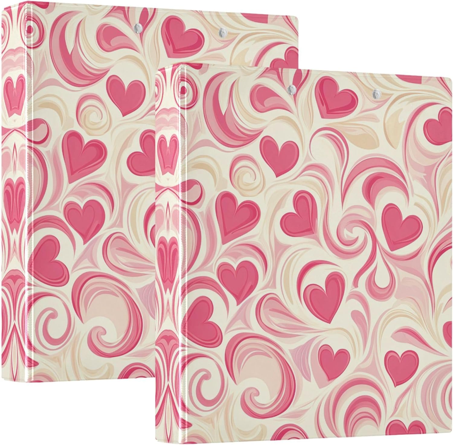 Valentine's Day Hearts 3 Ring Binders, 1.5” Round Ring Binders with Clipboard - Letter Size, 3 Interior PVC Clear Pockets & Anti-Slip Clip for Office School Supplies, 2PCS