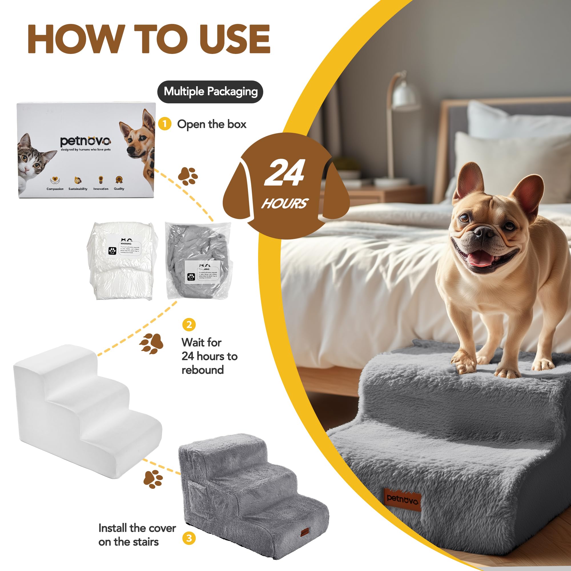 PETNOVO Scale per Cani e Gatti 3 Gradini, per Animali Domestici in Finta Pelliccia Morbida, Rivestimento Lavabile OEKO-TEX, Base Antiscivolo per Letto e Divano, per Cani Piccoli e Gatti, Grigio