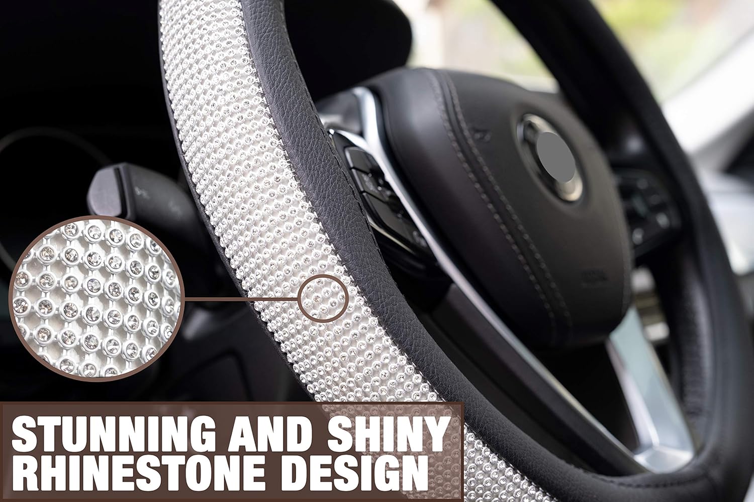 Magnelex Microfiber Leather Steering Wheel Cover – Stunning and Shiny Crystal Diamond Design. Compatible with Most Makes and Models of Cars and Trucks with 14.5 to 15 Inch Steering Wheels : Automotive