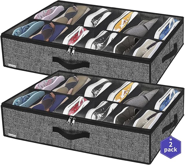 homyfort Large Heavy Duty Underbed Shoe Storage Bag with Clear Lid, Under Bed Shoes Tidy Organiser, Foldable Fabric Holder Closet, 12 Pockets x 2, 74.5 x 60 x 15 cm, Linen-like Black Pattern, XAUBSB2P