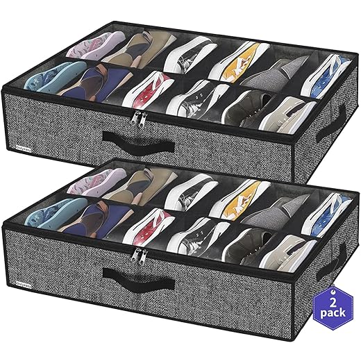 Onlyeasy Sturdy Under Bed Shoe Storage Organizer, Set of 2, Fit 12 to 24 Pairs, Underbed Shoes Closet Storage Solution with Clear Window, Breathable, L29.3"x W23.6"x H5.9", Linen-like Black, MXAUBSB2P