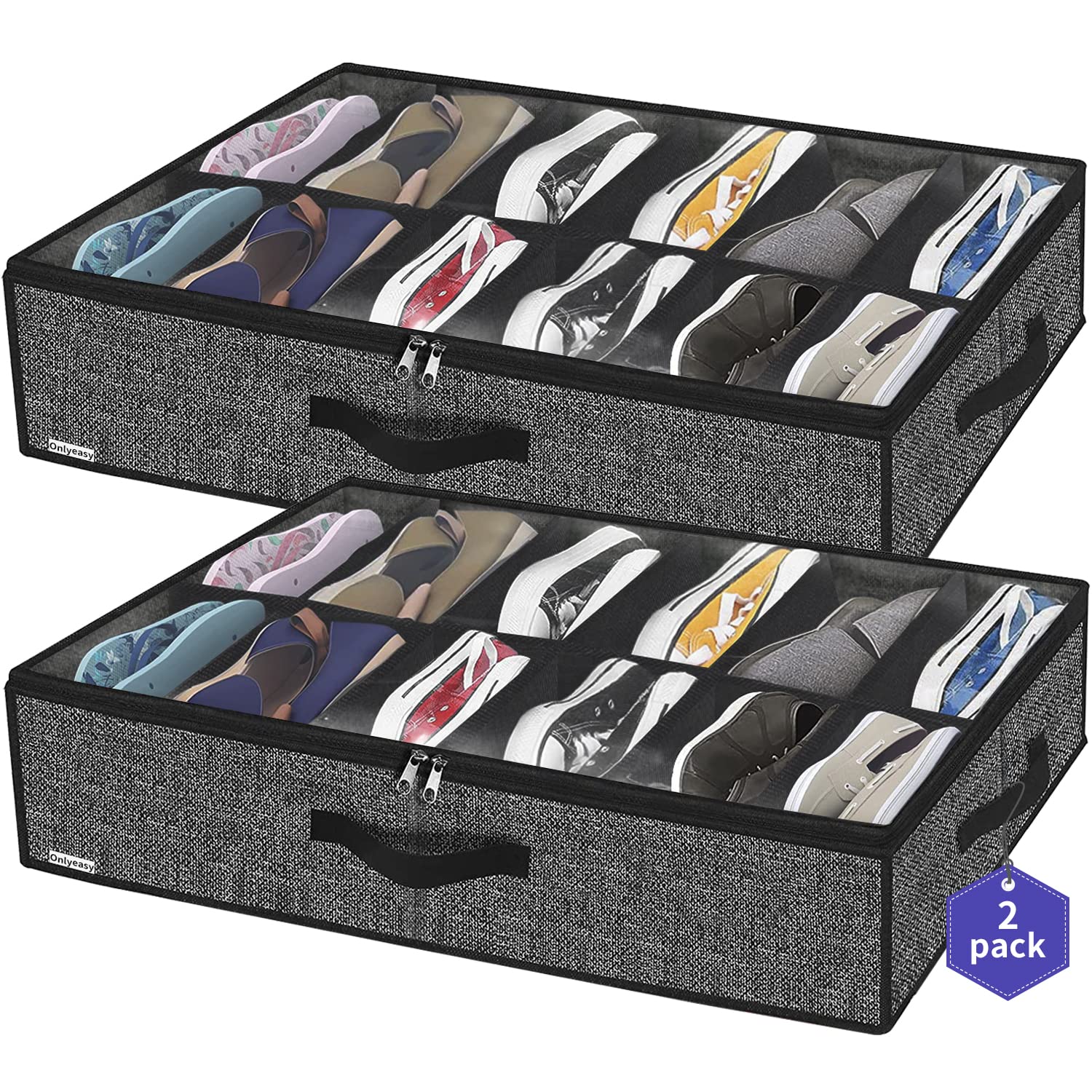 Onlyeasy Sturdy Under Bed Shoe Storage Organizer, Set of 2, Fits Total 24 Pairs, Underbed Shoes Closet Storage Solution with Clear Window, Breathable, 29.3"x23.6"x5.9", Linen-like Black, MXAUBSB2POnlyeasy Sturdy Under Bed Shoe Storage Organizer,…