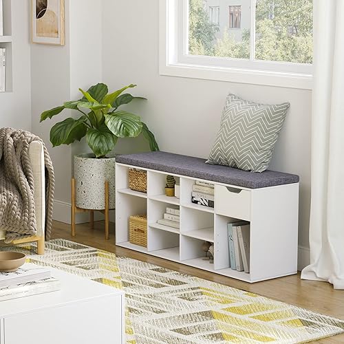 Miniatura 16 de DINZI LVJ Banco de zapatos, banco de almacenamiento de entrada con cajón y 8 cubículos, estantes ajustables, organizador de zapatos para sala de