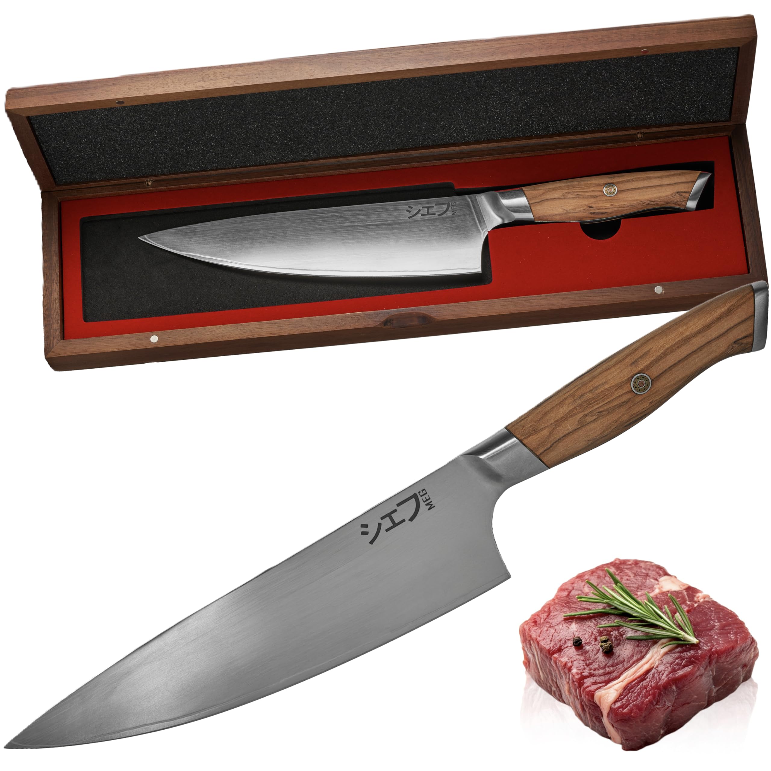 MEG Gyuto 206mm kute w San Mai nóż szefa kuchni, 3-warstwowy, ergonomiczny uchwyt z drewna oliwnego, certyfikat do użytku profesjonalnego, pudełko z drewna akacjowego, idealne na prezent