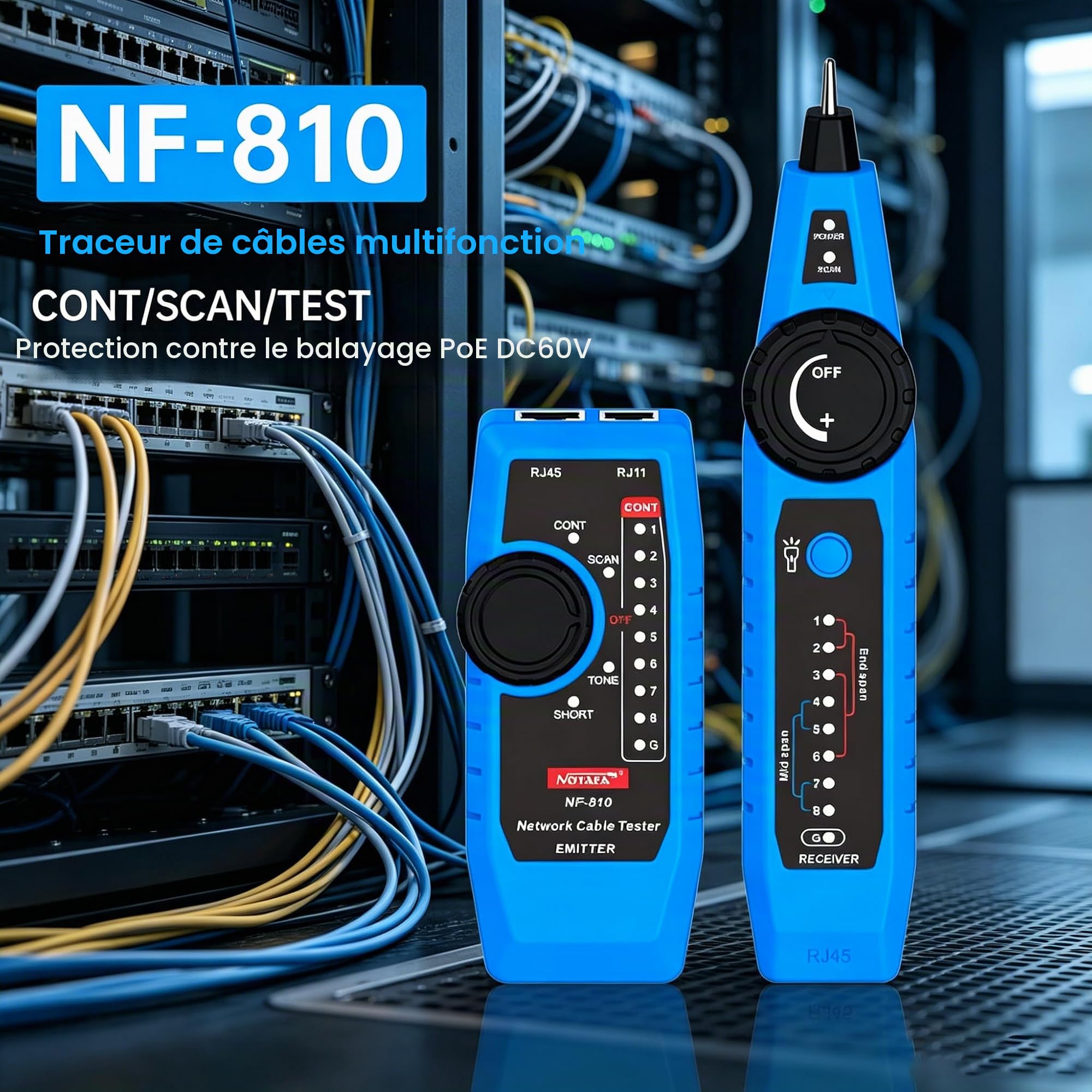 Noyafa Testeur de réseau multifonction NF-810, traqueur de fil réseau Ethernet LAN avec testeur de ligne téléphonique, balayage de ligne réseau, balayage de câble d'alimentation et fonctions de test