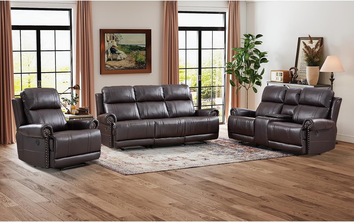 EBELLO Faux Leather Electric Reclining Sofa Set, Power Recliner Six Seats Sofa Set, a Chair, Loveseat and 3-Seat Sofa with Charging Ports, Vintage Rivet Design for Living Room, Meeting Room, Brown