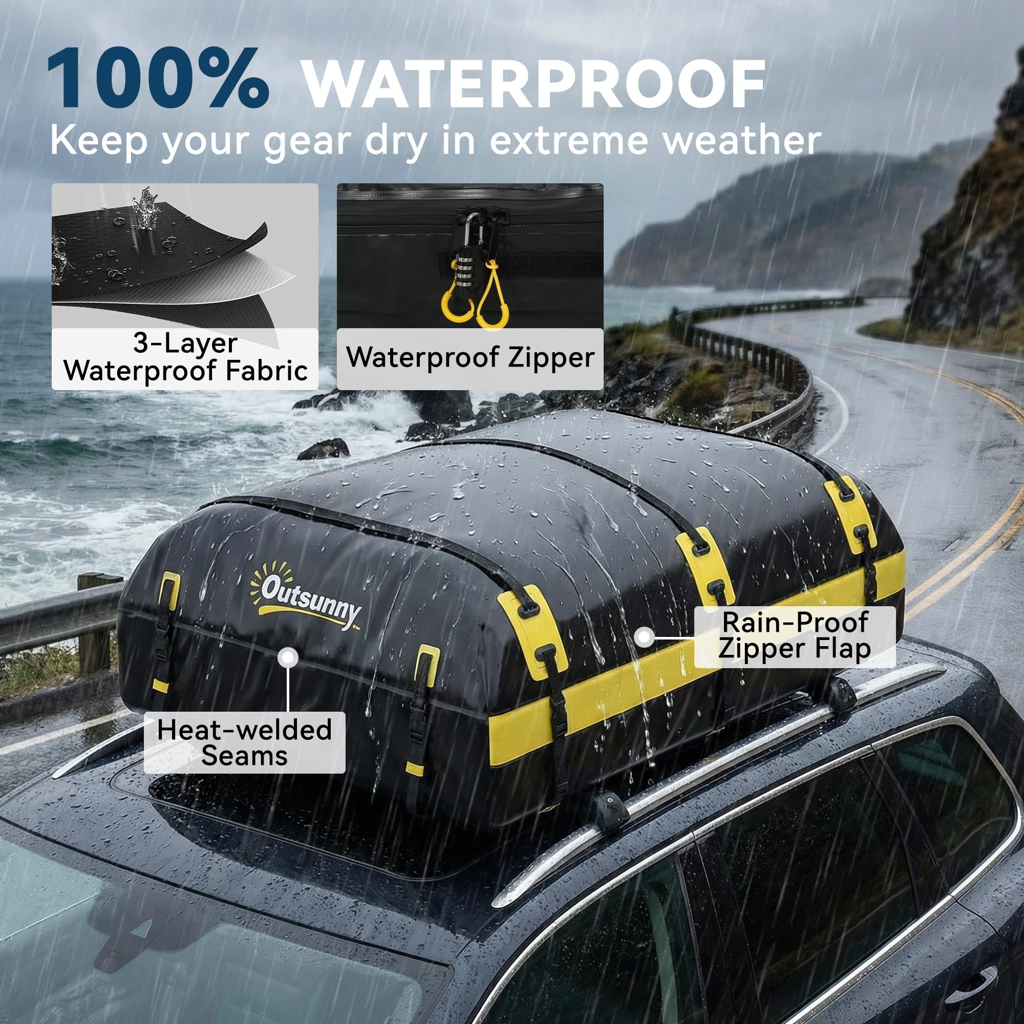 Outsunny Dachgepäcktasche mit Schloss, 21 cu ft, Gelb, mit/ohne Träger | Wasserfest, Reflektierende Pfeile, Weiche Dachbox, Dachgepäckträger, 7 verstärkte Gurte, Anti-Rutsch-Matte, Türhaken