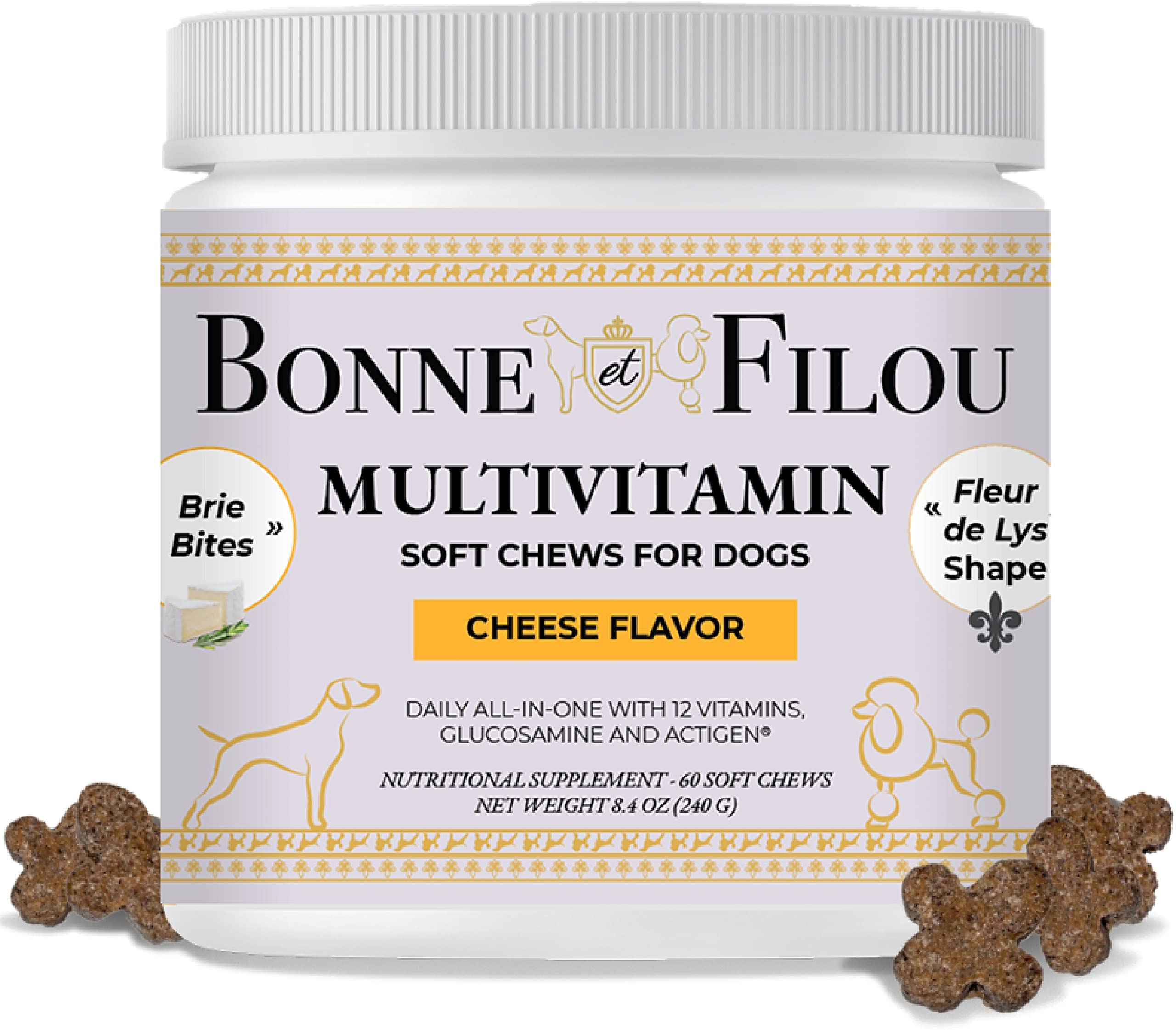 Bonne et Filou 12 in 1 Dog Multivitamins Chewable for Senior & All Age with Glucosamine Chrondrotin - Daily Dog Vitamins and Supplement Supports Hip & Joint, Immunity, Probiotics (1 Pack)
