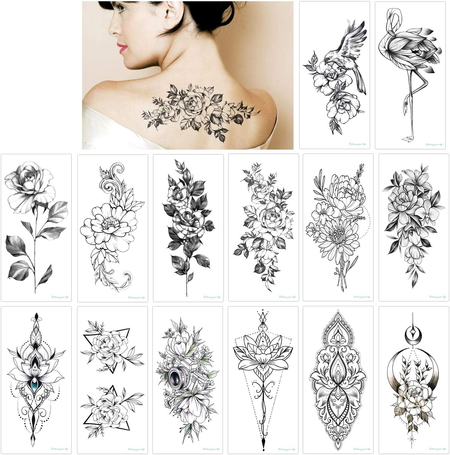14 Sheets Large Sexy Realistic Flower Temporary Tattoos for Adults Women Girls Black Body Art Rose Flower Waterproof Big Arm Fake Tattoo Stickers Individual Styles