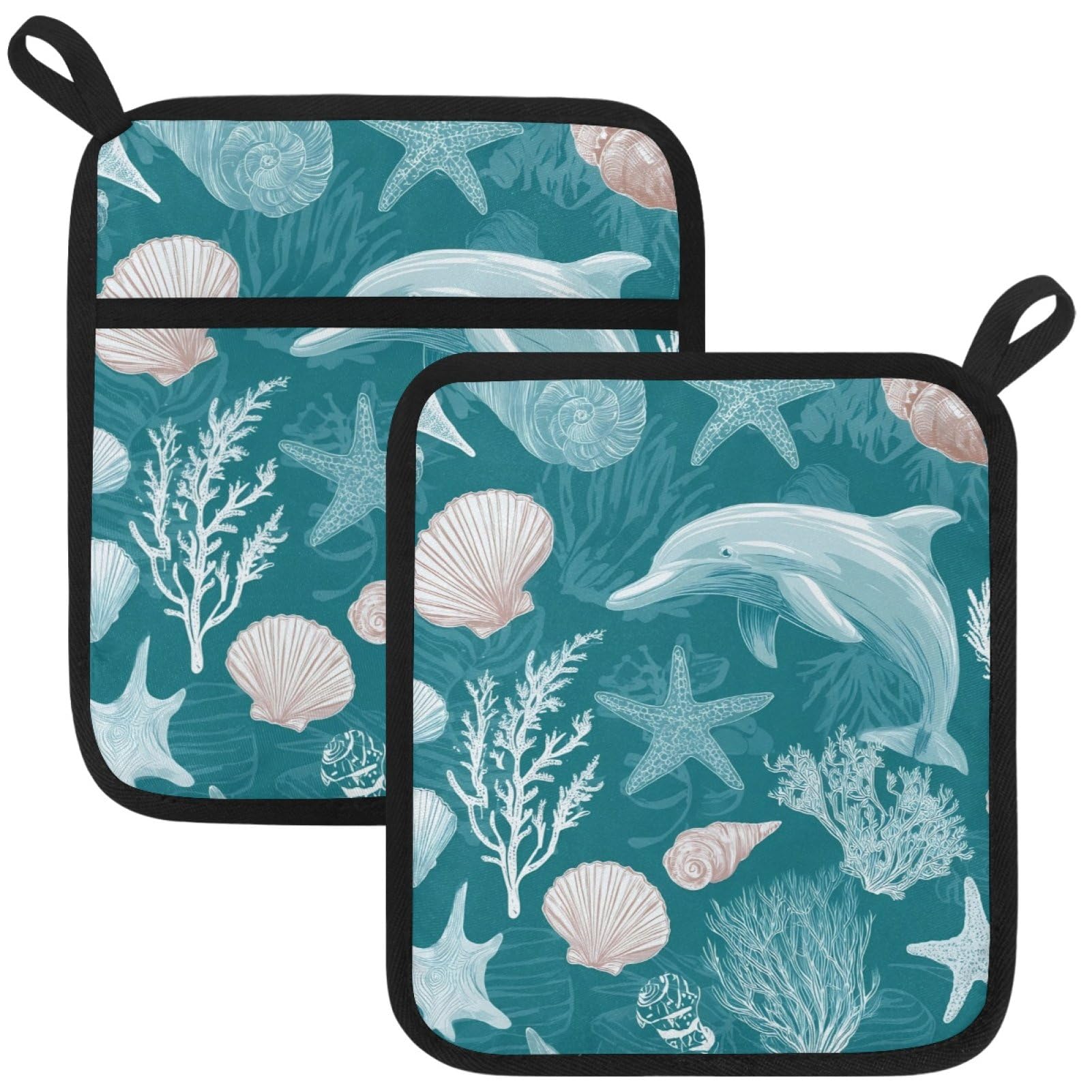 VAPOKF Dolphin Shell Starfish Pot Holders with Pocket for Kitchen Heat Resistant Potholders Large Polyester-Cotton Square Oven Mitts Set