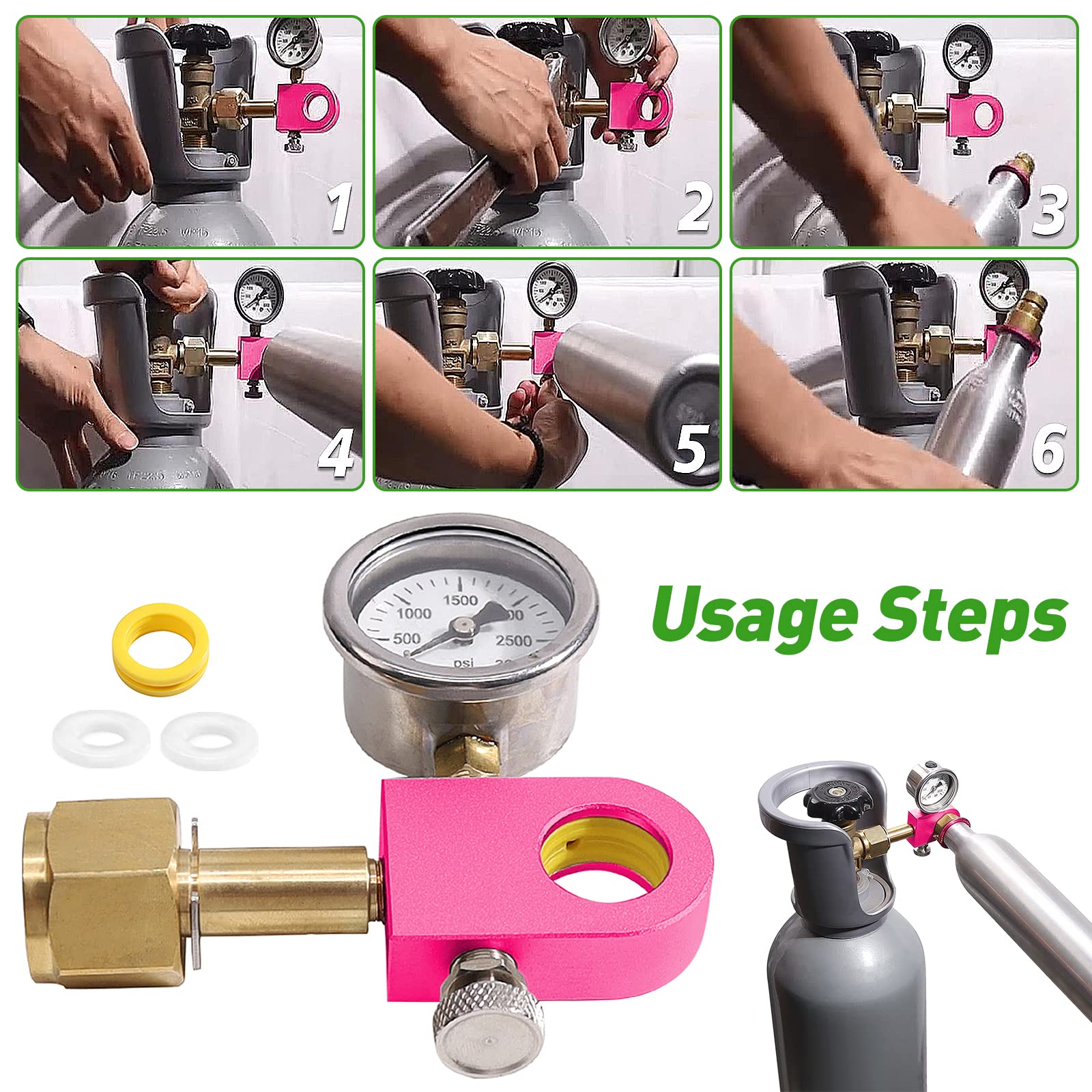 Adattatore di ricarica CO2 compatibile con Duo, Art e Terra, adattatore di ricarica CO2 per connettore W21.8-14 CO2, adattatore per bottiglia CO2 con manometro da 3000psi (rosa)