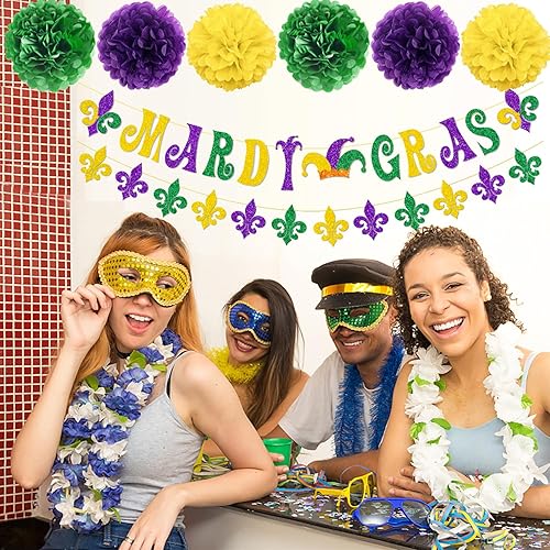 Miniatura 5 de Decoraciones de fiesta de Mardi Gras con purpurina, pancarta de Mardi Gras, flor de lis, banderines colgantes, espirales de papel, pompones de