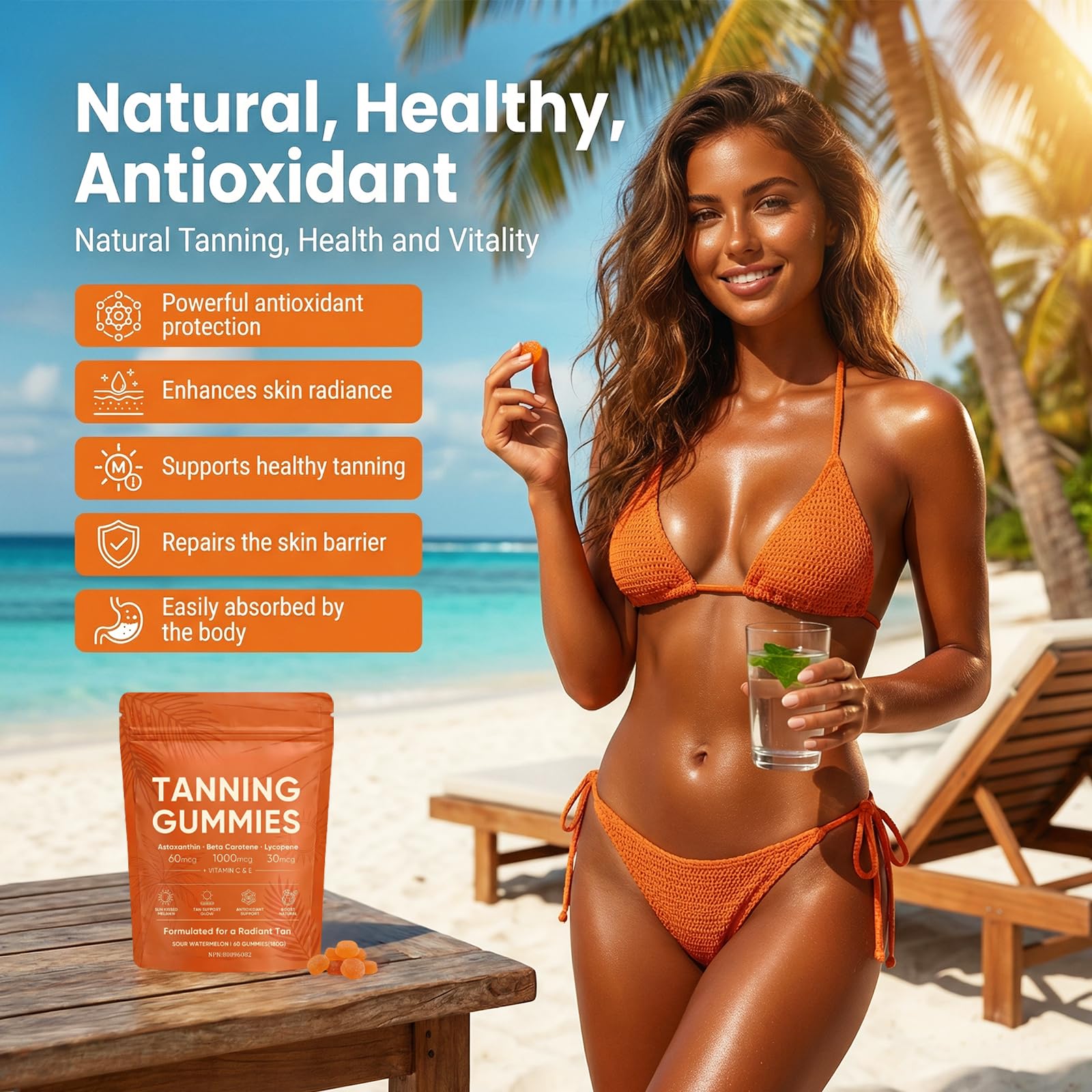 Tanning Gummies for Natural Glow – Skin Radiance Tanning Gummies with Vitamin C, E, Astaxanthin & Beta Carotene, Supports Melanin Production, Vegan, Sugar Free, 60 Count (1 PCS) — view 2