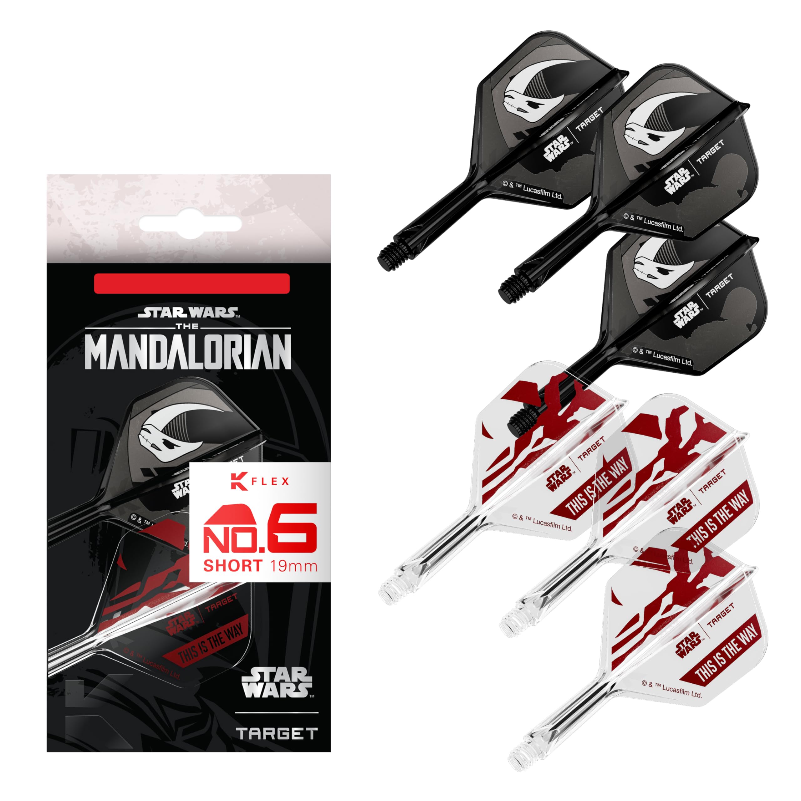 Target Darts Star Wars Mandalorian K Flex Intégré Fléchette Ailettes et Arbres | Personnage Inspiré Lot de 6 K-Flex, N° 2 et N° 6 | Court, Intermédiaire et Moyen Disney Kflex Accessoires - 1