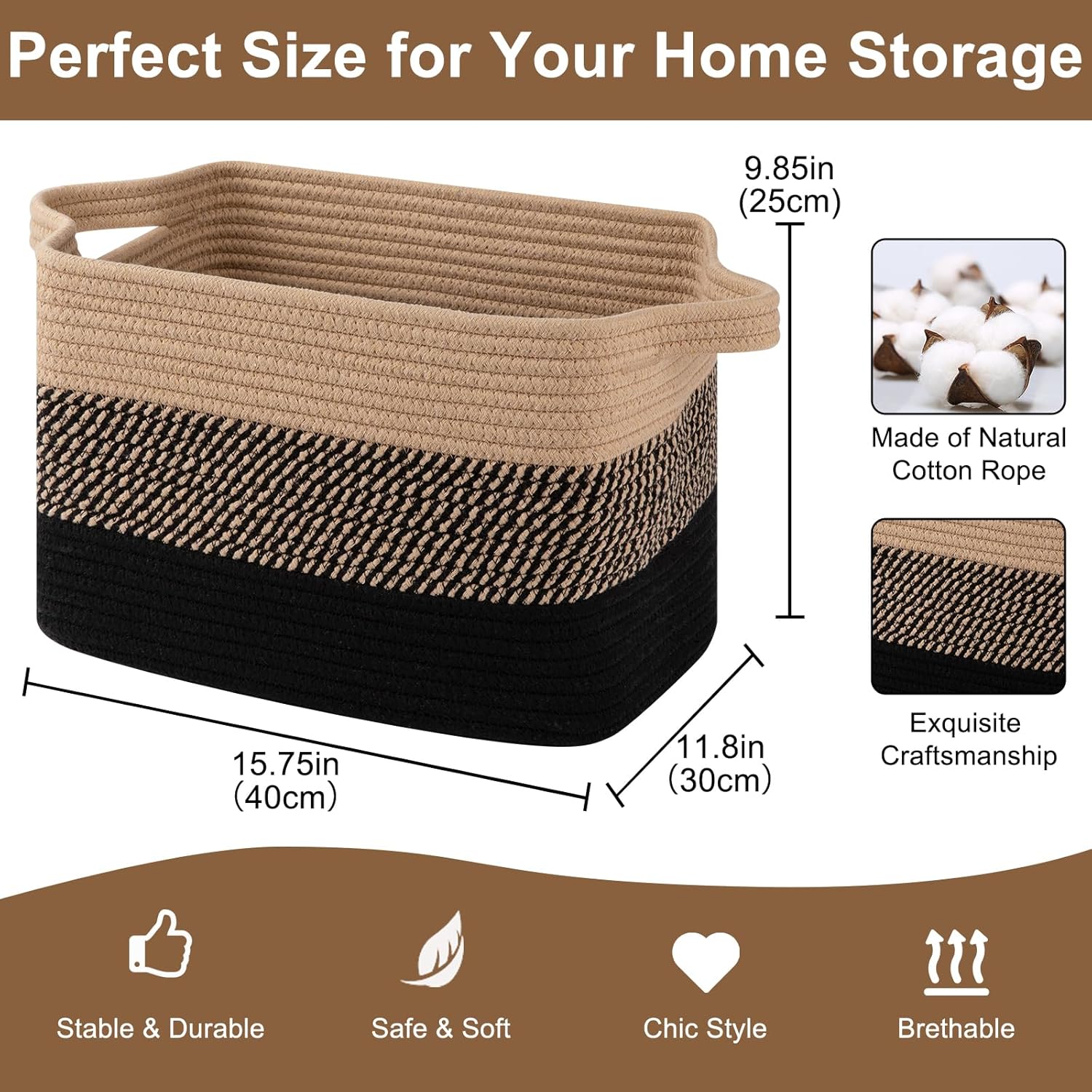 Storage Basket for Organizing, Woven Baskets for Storage, Rectangle Decorative Baskets for Shleves, Closet, Toys, Books, Nursery Organizer Bins - Pack of 3 (Black & Brown, 15.75"x11.8"x9.85")