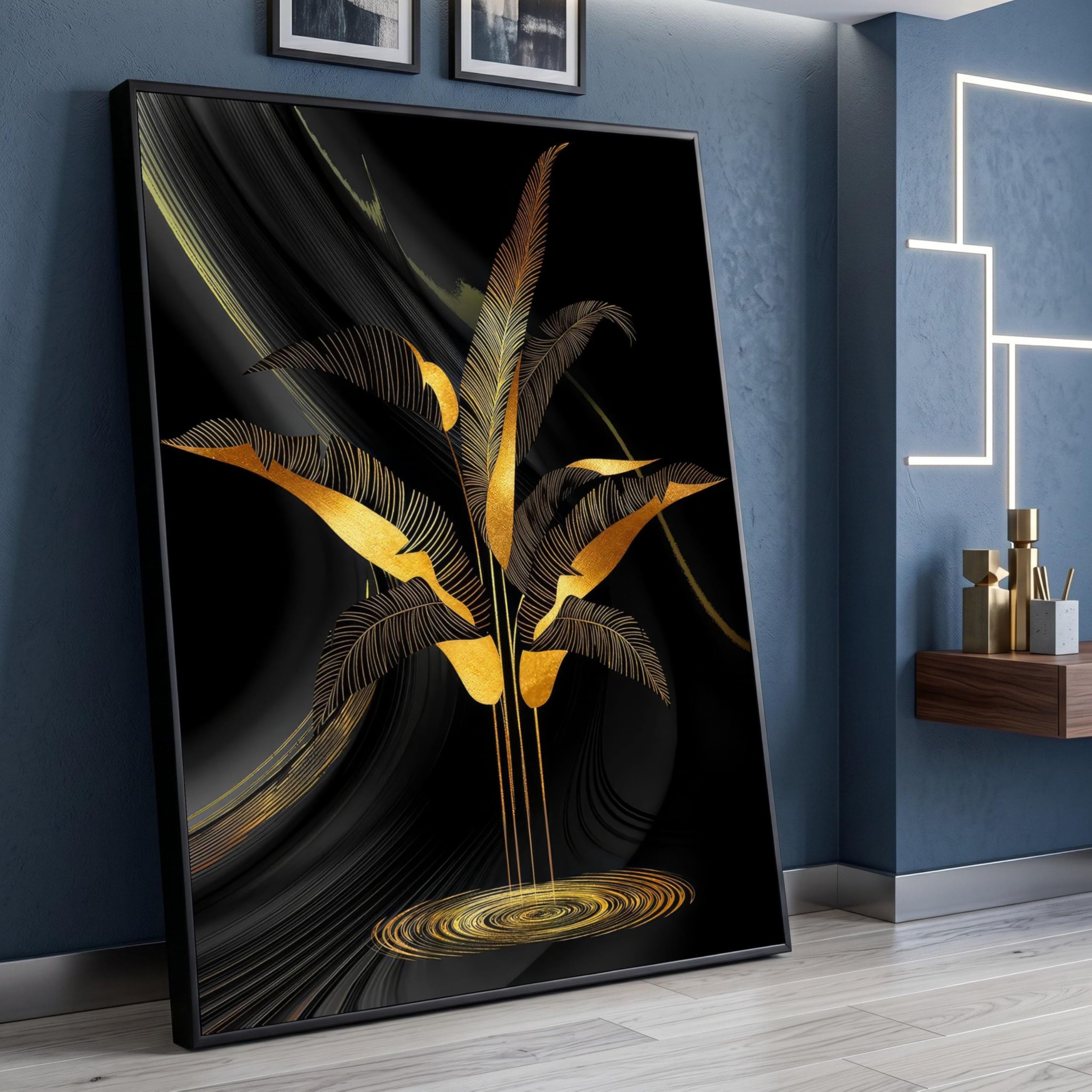 TONGYINLI Gold Leaf Abstract Wall Art Pictures, Botanical Canvas Oil Painting, Black and Gold Canvas Prints, Luxe Home Decor(70x110cm/Frameless)