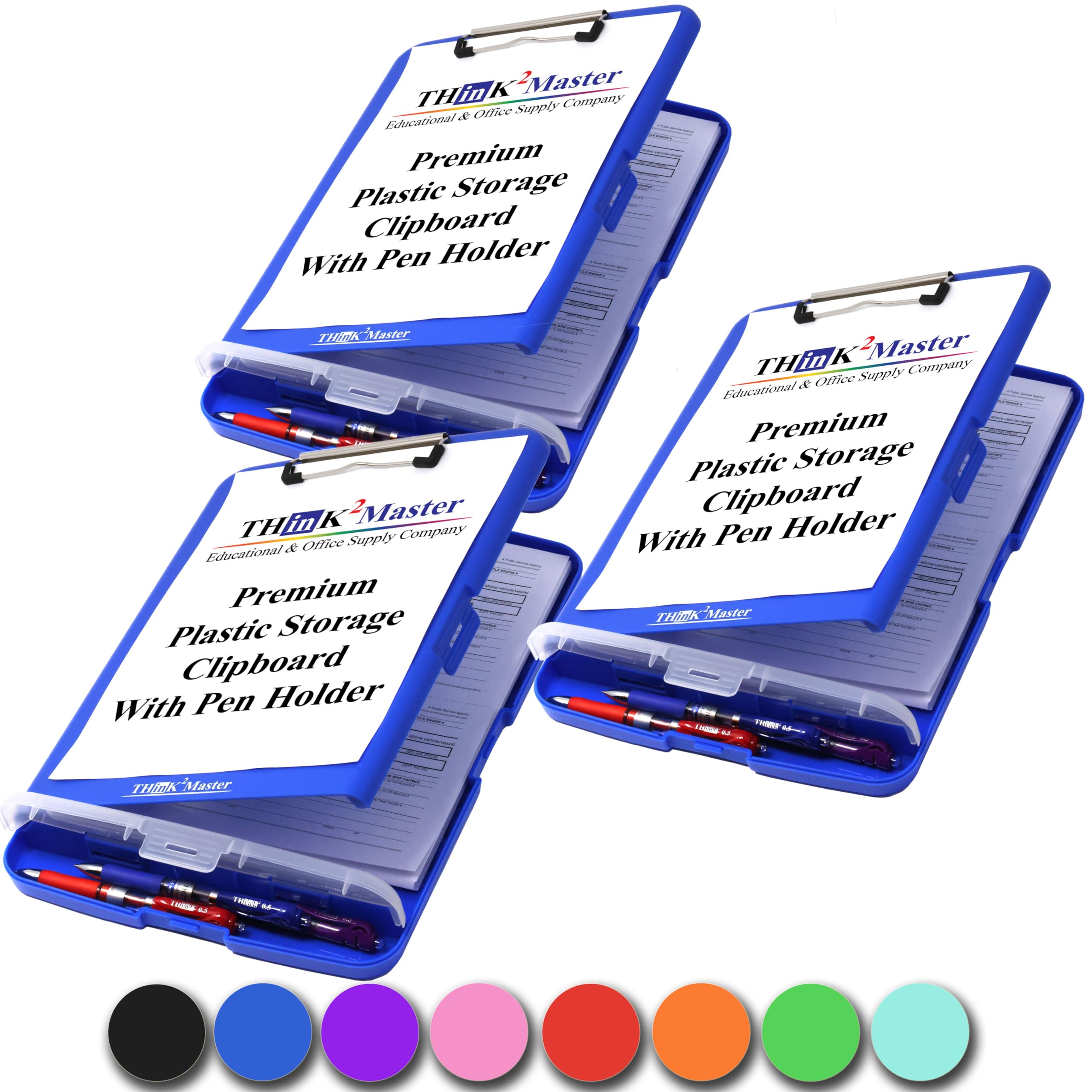 Think2Master [3 Pack] Blue Plastic Storage Clipboard with Pencil Holder. | 25% Heavier & 25% Sturdier| Heavy Duty. Nursing, Teacher & Classroom Must