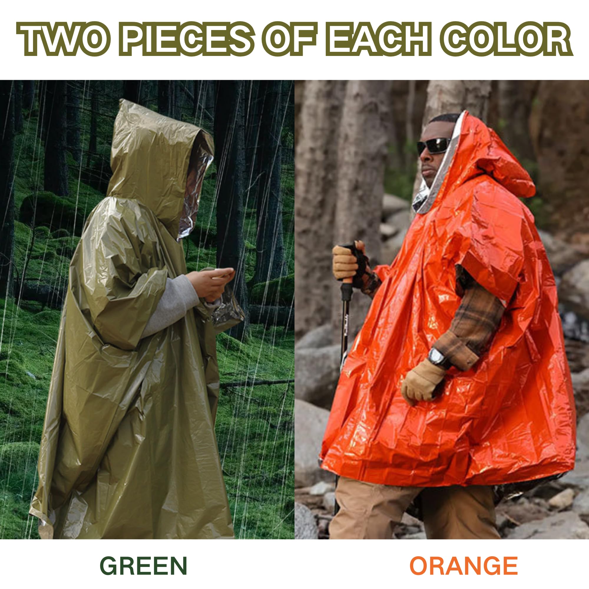 Poncho de supervivencia térmica Mylar, naranja+plata, verde+plata, 1 unidad