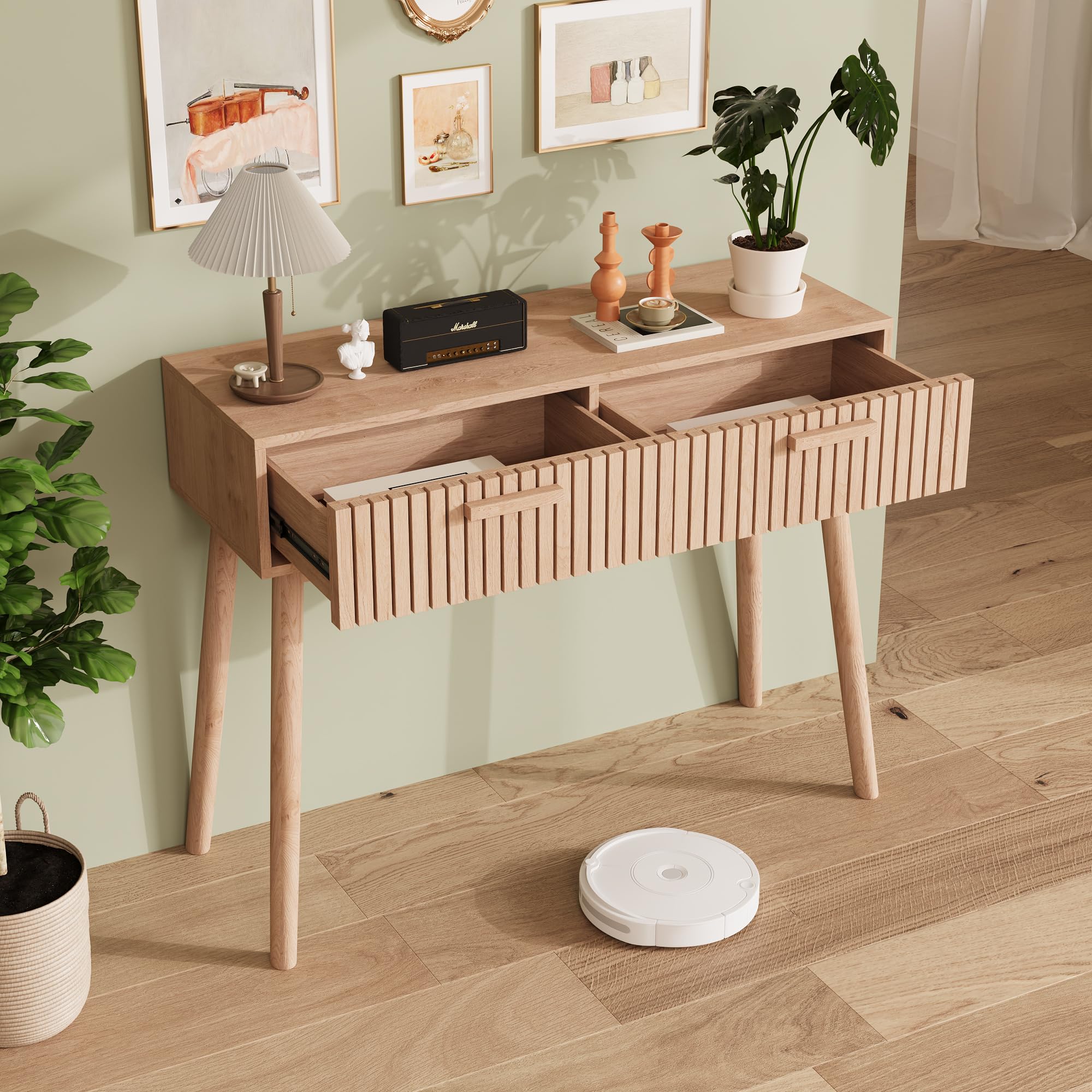 Tavolo Consolle Con 2 Cassetti, Tavolino Stretto per Ingresso, Mobile Accento in Legno per Corridoio, Soggiorno, Camera Da Letto, Naturale