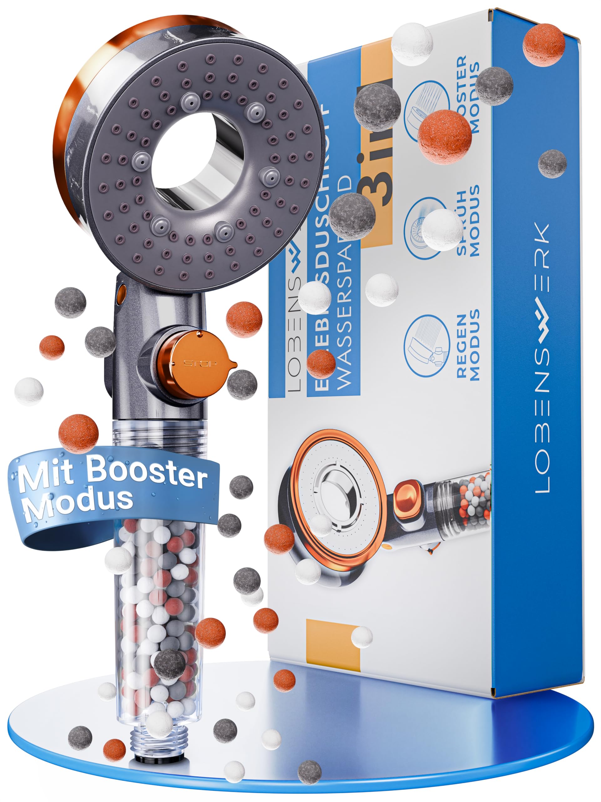 LOBENSWERK Duschkopf mit Filter [3 Modi - inkl. Booster] Duschkopf wassersparend mit Mineralperlen | Handbrause, Duschbrause, shower head für die Dusche inkl. Ersatzteile