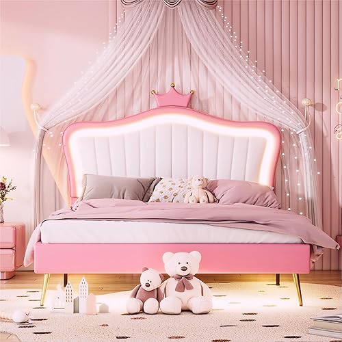 Miniatura 3 de Bonita cama de princesa tapizada tamaño Queen con cabecera corona, marco de cama tapizado moderno con luces LED, no requiere somier (blanco +