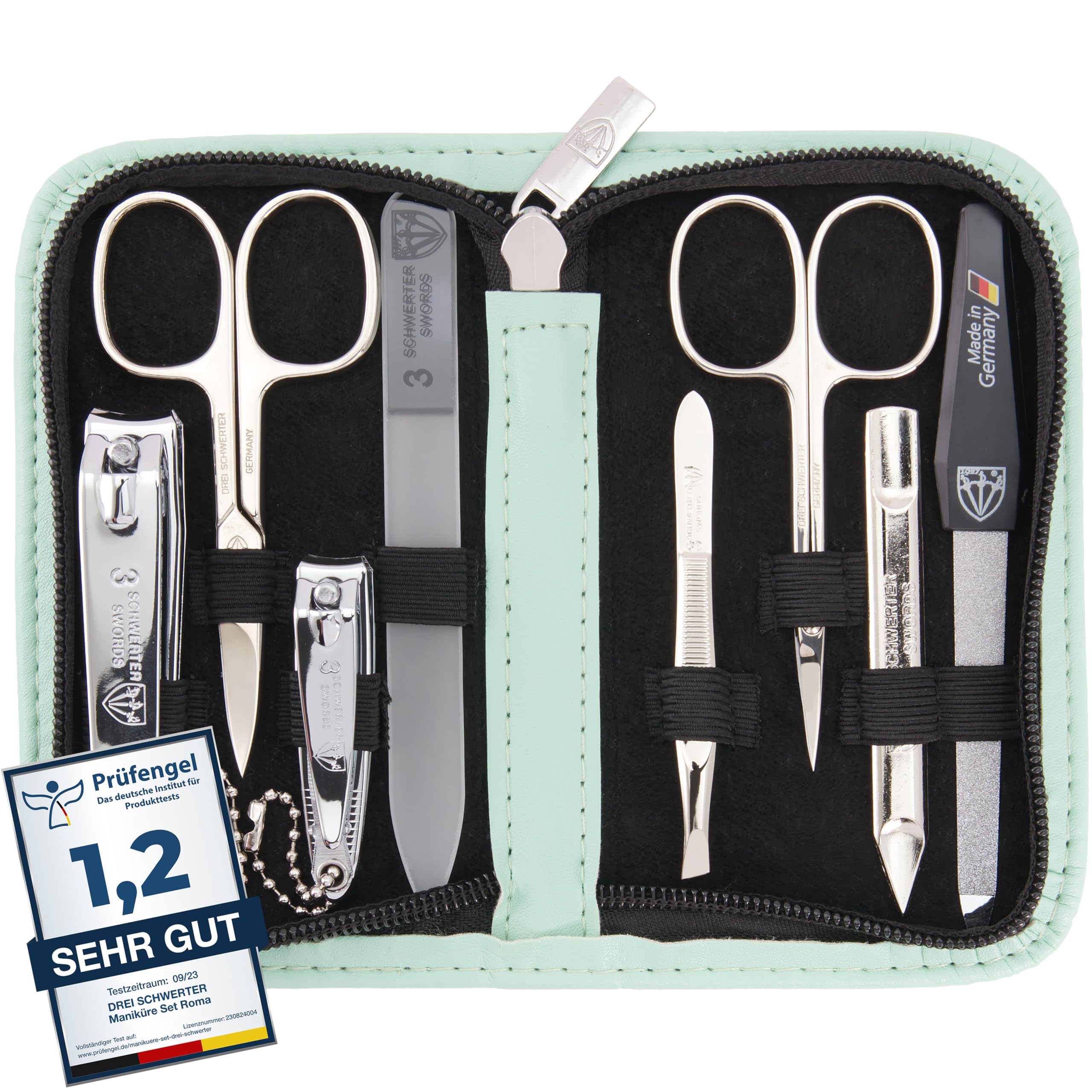 Produktbild DREI SCHWERTER - Set de manicura Roma, 8 piezas, set de cuidado de uñas de en funda de piel sintética color menta | Contenido: juego de tijeras para uñas, cortaúñas y pies, pinzas, lima