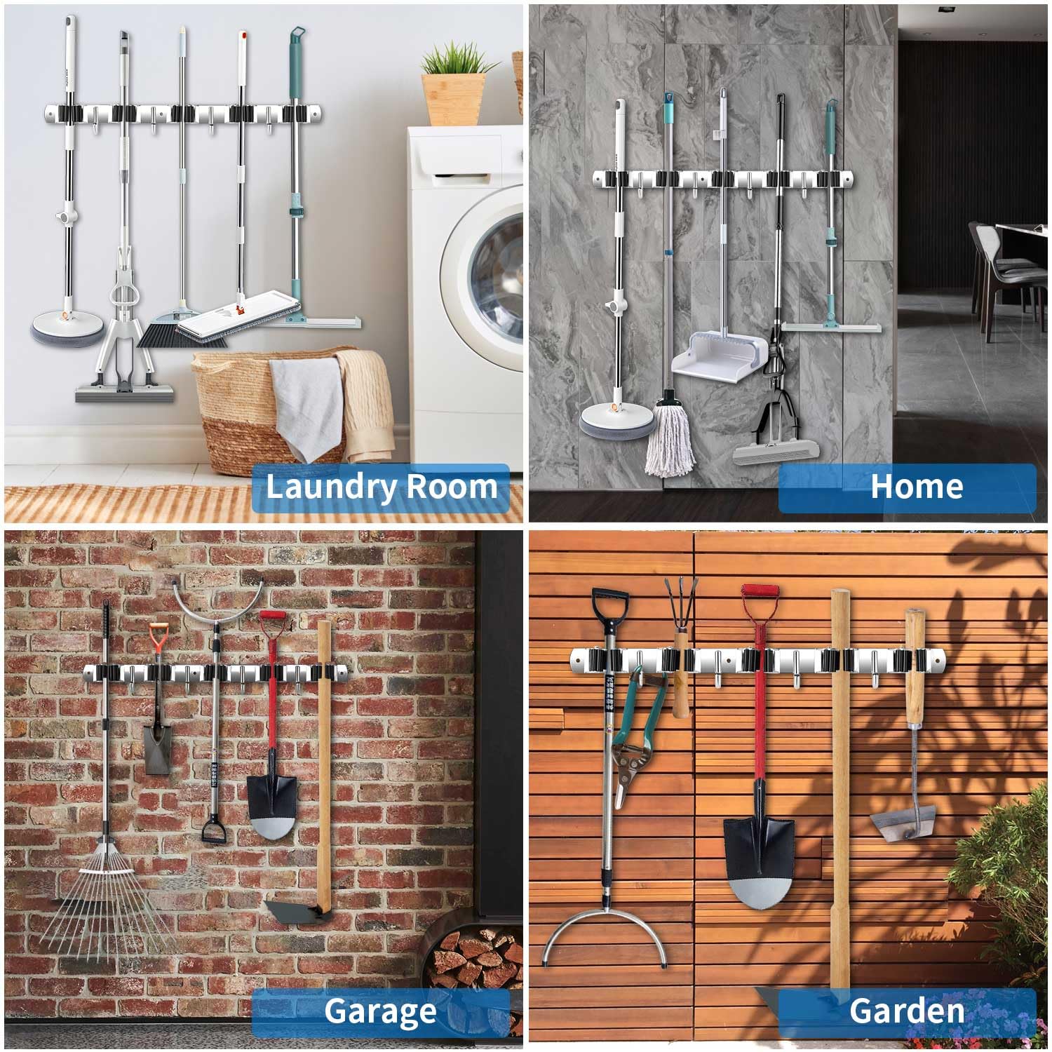 HOOKOR Mop And Broom Holder Wall Mount, Upgraded Broom Organizer Wall Mount, Stainless Steel Broom Hanger Wall Mount For Home Kitchen Garden Laundry Garage (4 Racks With 5 Hooks) | Best Price - View #6