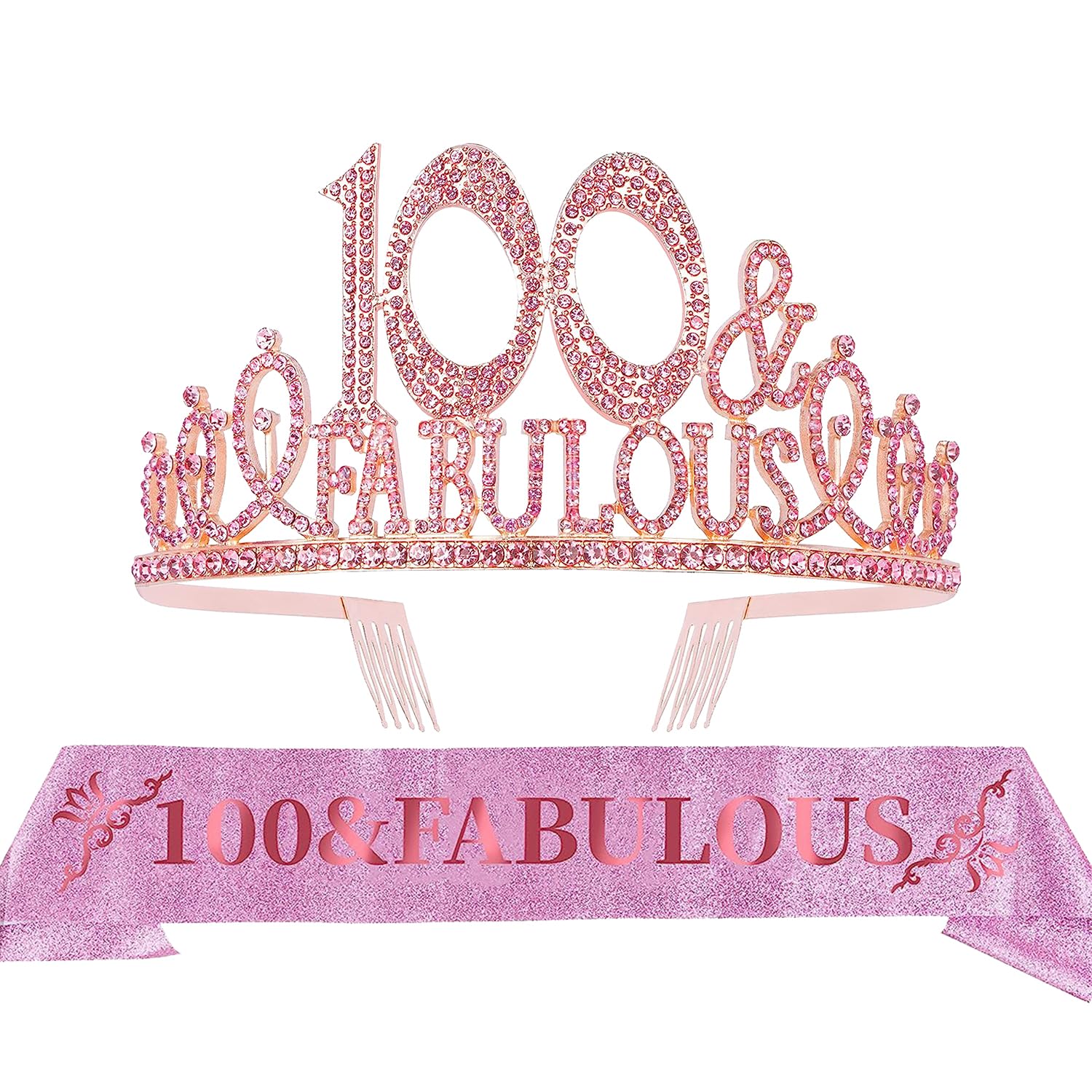 EBE EmmasbyEmma 100th Birthday Sash and Tiara for Women - Fabulous Glitter Sash + Fabulous Rhinestone Pink Premium Metal Tiara for Her, 100th Birthday Gifts for 100 Celebration