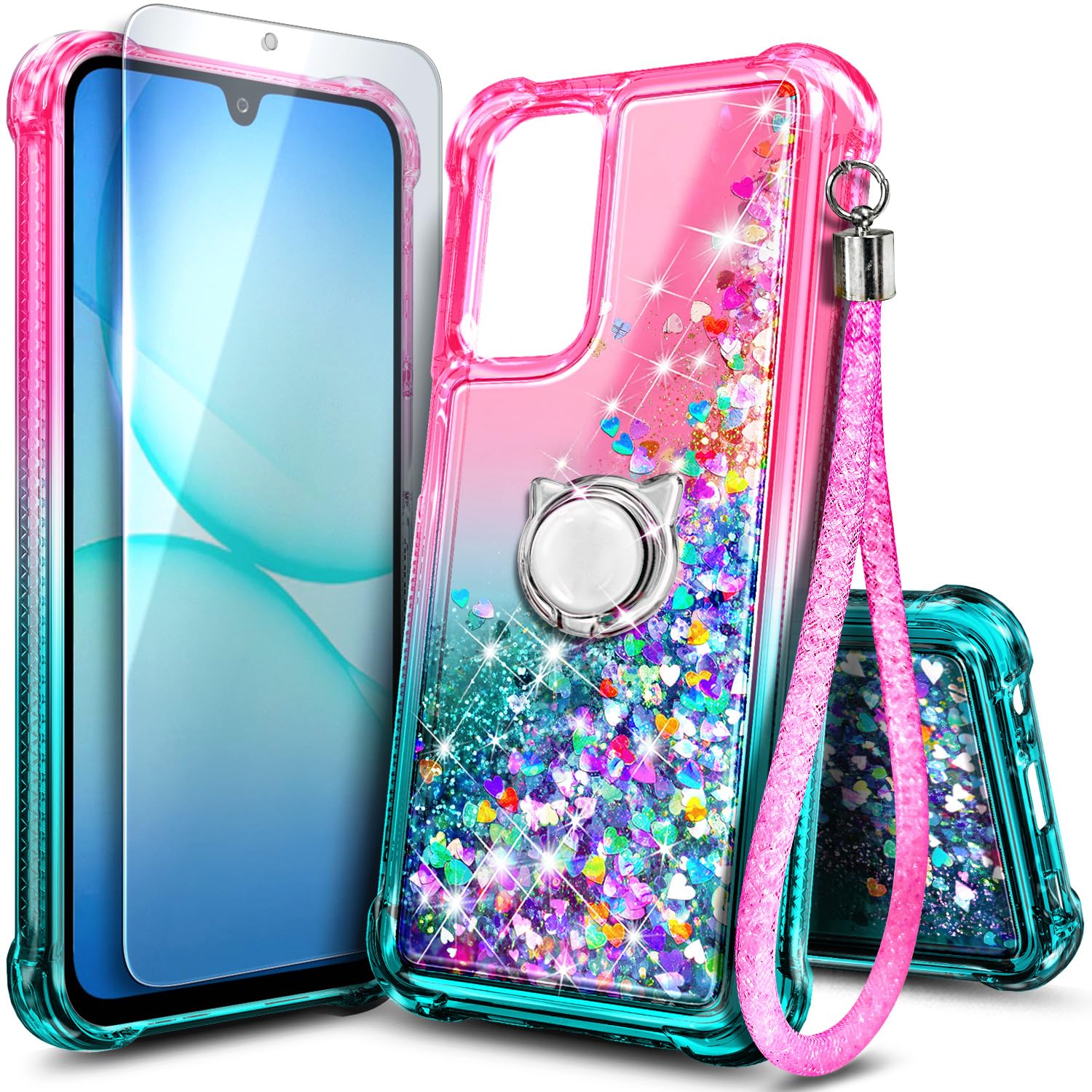 WDHD Compatible with Samsung Galaxy A26-5G Phone Case Pink/Aqua | Bling Sparkly Glitter Floating Liquid Waterfall Cute Cover for Women Girls Kids with