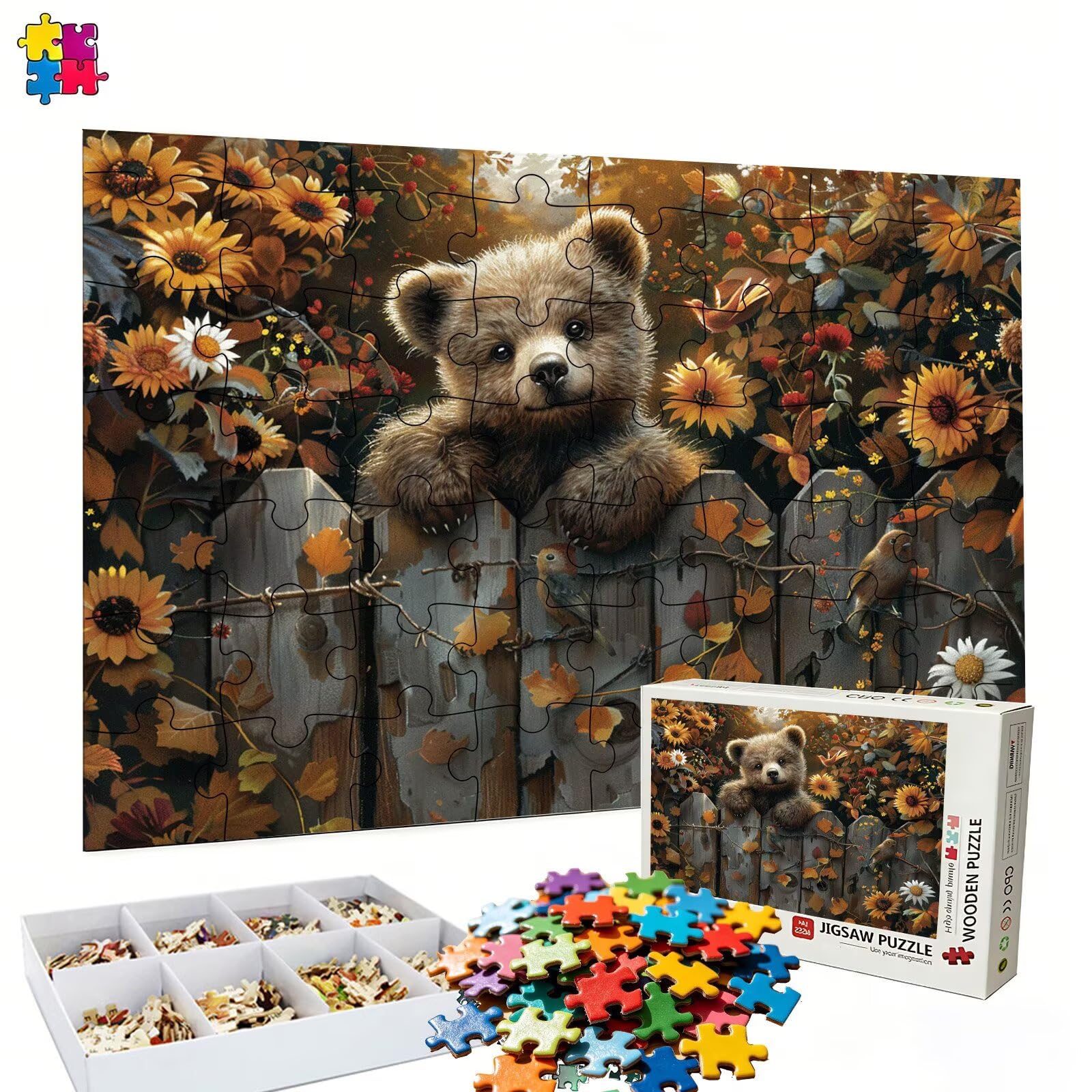 Puzzle 1500 Teile, Kleiner Bär Blume Holzpuzzle Erwachsene, mit Geschenkbox, Impossible Geschicklichkeitsspiel für Ganze Familie, Präzise Passform & Intensive Farben, Puzzlespiel Entspannung s7h-549