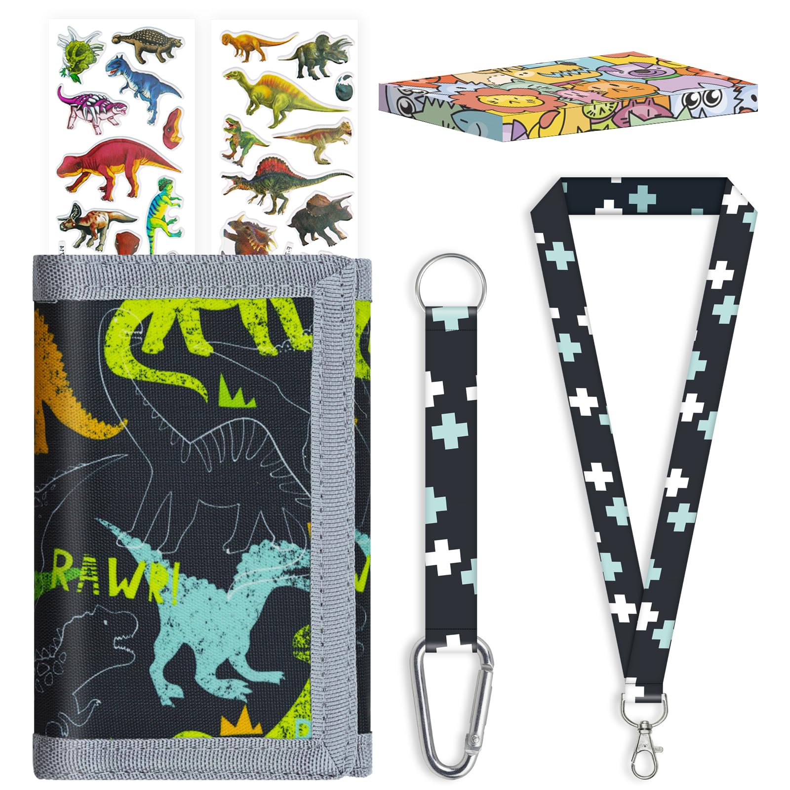 Kids Wallet for Boys Girls Age 5-16 Years Trifold Wallet with Lanyard and Zipper Coin Pocket for Kids Toddlers Boxed Novelty, H8-dinosaur, black-image-24
