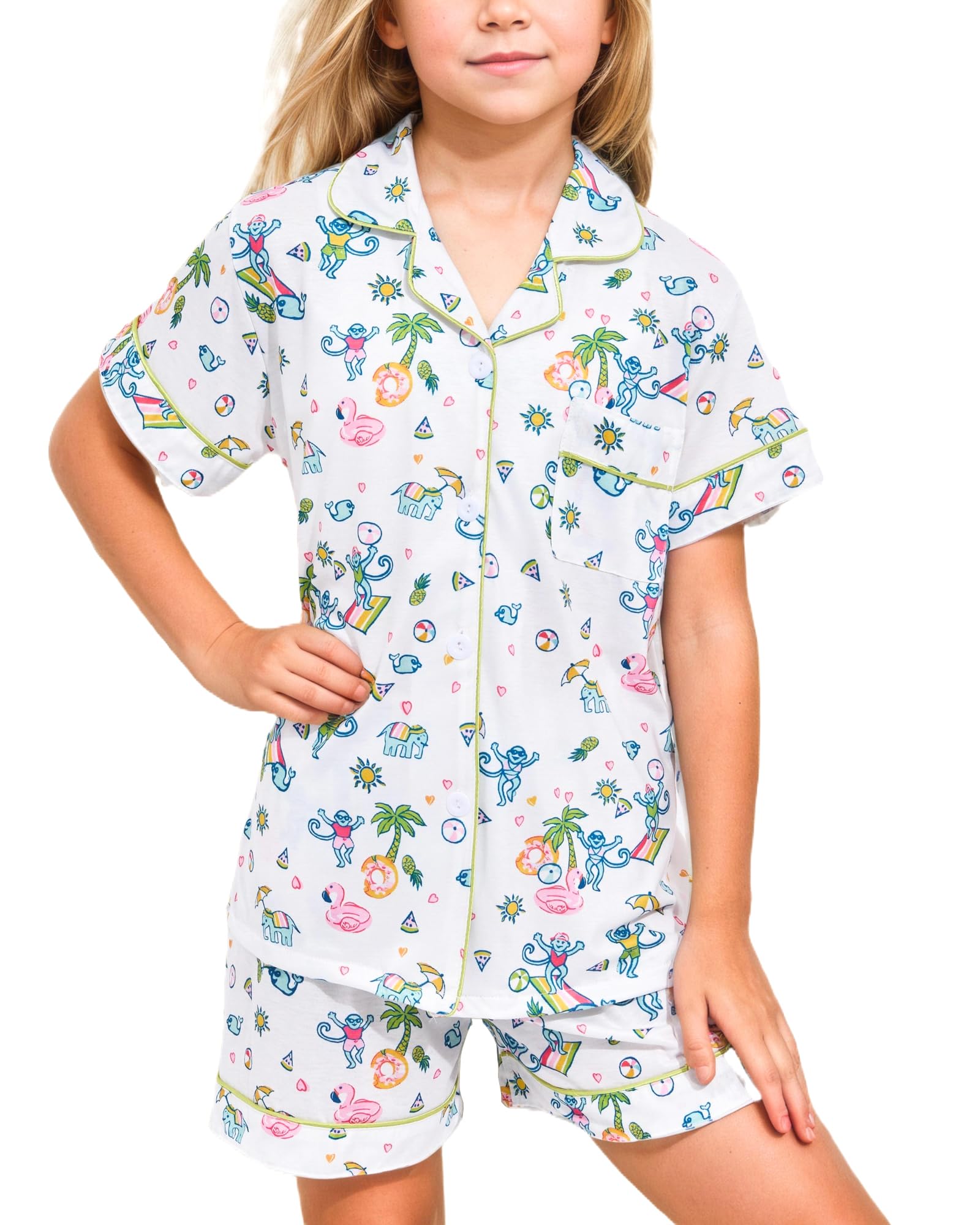 Girls Pajamas Sets, Kids Monkey Button Down Sleepover Loungewear