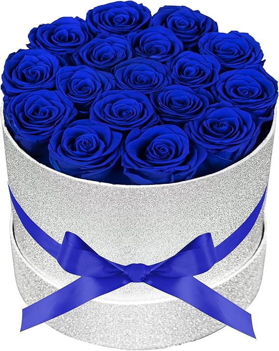 17 Blue Flowers in Glitter Box, Birthday Gifts for Women, Preserved Flowers, Mothers Day Roses Gift for Mom