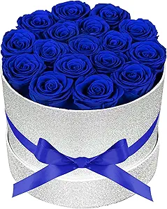 17 Blue Flowers in Glitter Box, Birthday Gifts for Women, Preserved Flowers, Mothers Day Roses Gift for Mom