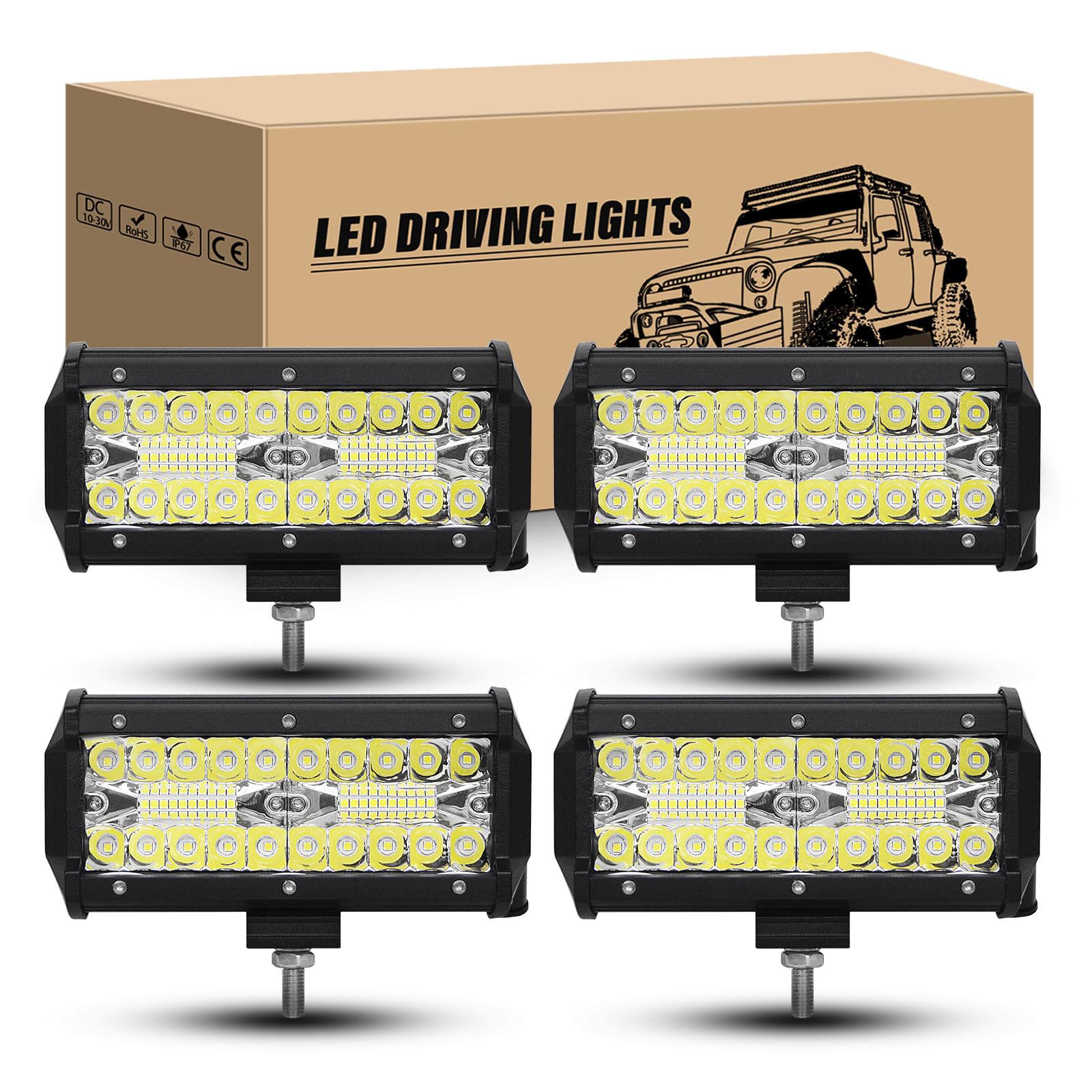 RIGIDON 4 Pcs 8D Faro de Led Trabajo, 7 pulgadas 18cm 120W Focos Led Tractor 12V 24V 6000K IP67 Impermeable lámparas de conducción para 4x4 coche off road camión todoterreno ATV UTV SUV Barco