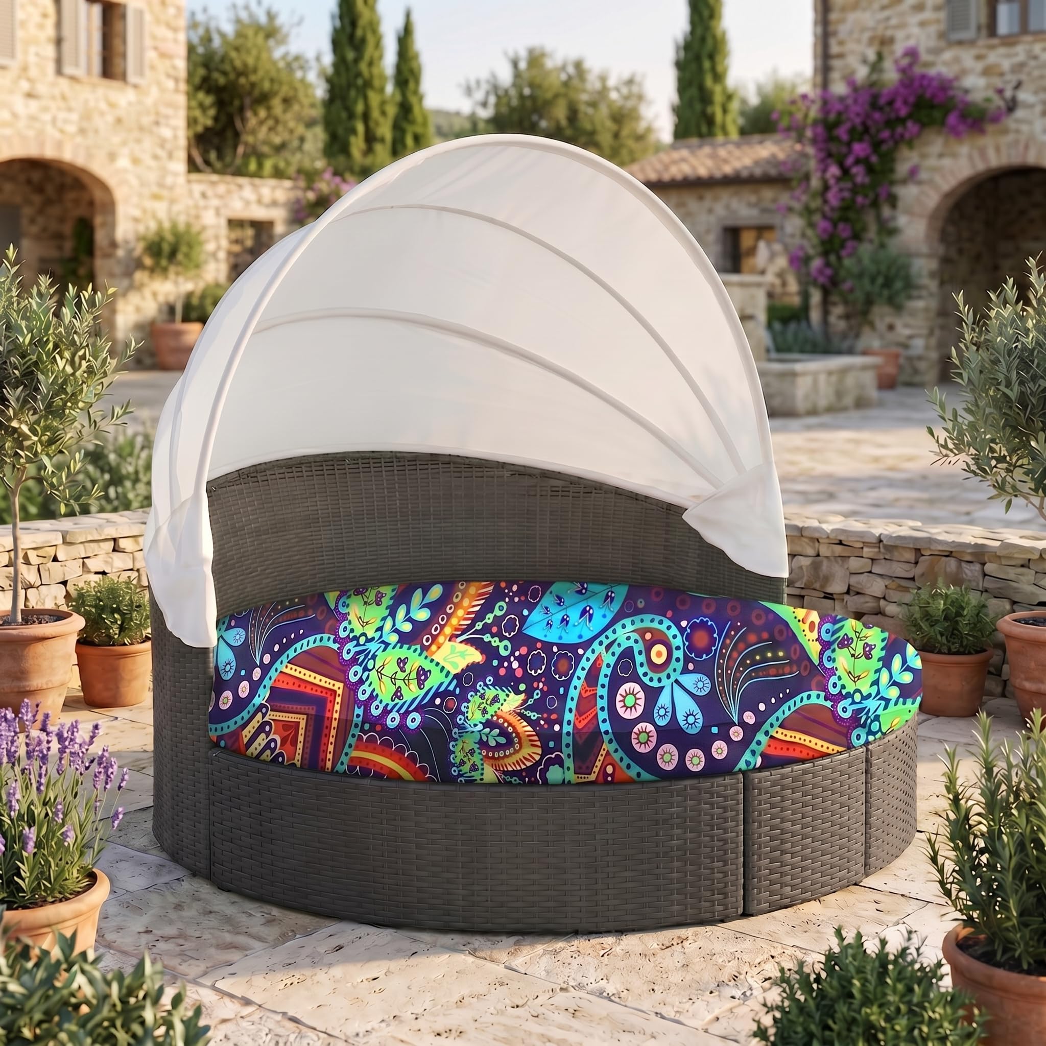 LiveGo Outdoor Daybed Cushion Cover, 66" Replacement Daybed Cover with Elastic Band, Sun Bed Cushion Cover, Outdoor Round Bed Cushion Covers (Flower D, Round Cover)