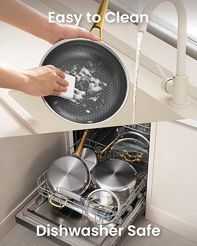 Miniatura 6 de Juego de ollas y sartenes doradas, acero inoxidable martillado híbrido, 10 piezas antiadherentes con sartén, no tóxico, apto para horno y compatible