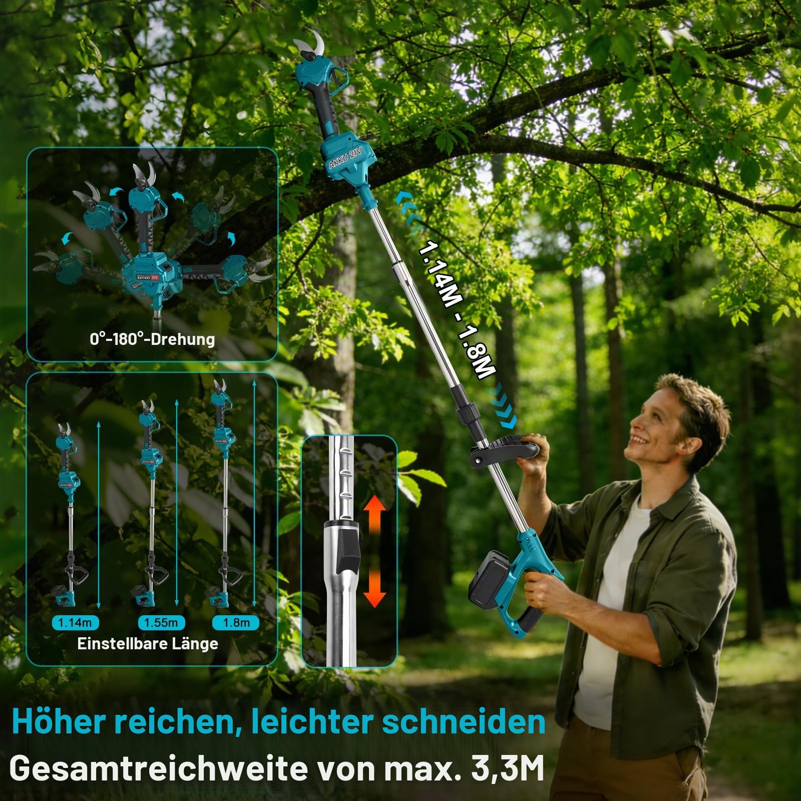2-in-1 40mm Akku Astschere Teleskop mit 2 x 3A Akkus, 3,3m Max. Reichweite