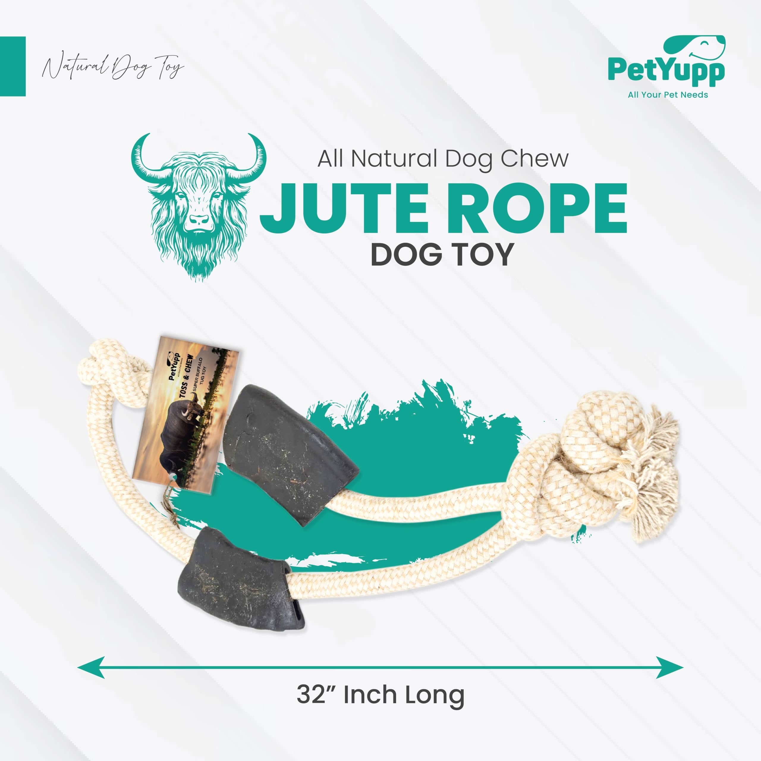 PetYupp Eco-Friendly Cotton Dog Rope Toy with Water Buffalo Horns for Small Dogs & Puppies, 32 Inches - Tug of war Dog Toy, Promotes Dental Health & Chewing Exercise for Teething Puppies