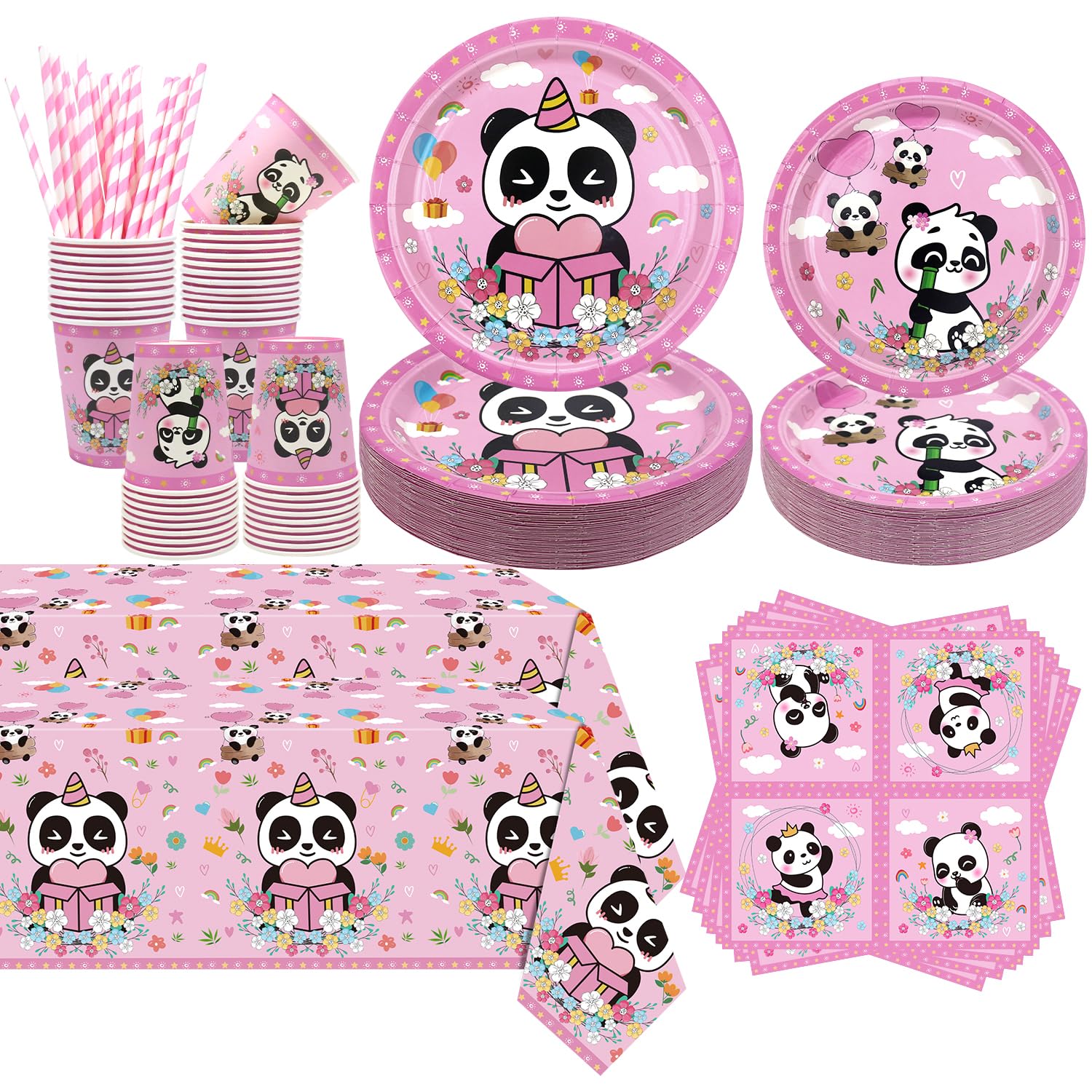 Obussgar Panda Birthday Party Decorations - Panda Party Supplies including Plates, Cups, Napkins, Straws, Tablecloth - Serves 40